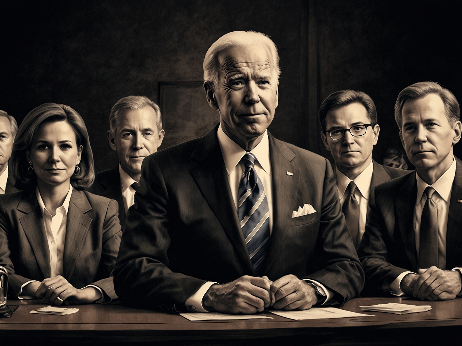 Joe Biden sits with a group of 16 advisers, intensely preparing and discussing strategies for the CNN debate, aiming to cover various topics including economic policies and foreign affairs.