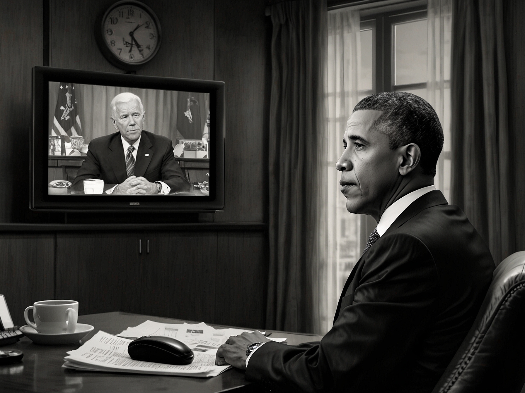 Barack Obama, looking concerned, watches television news coverage on the upcoming CNN debate, illustrating his vested interest and the high stakes involved in Biden's performance.