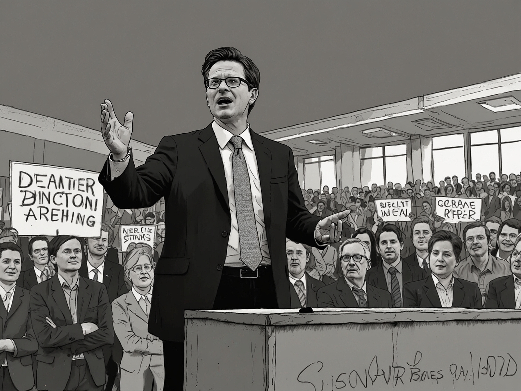 A campaign rally with Steve Baker speaking passionately to Tory supporters, highlighting traditional Conservative values and discussing his potential leadership bid in the upcoming General Election.