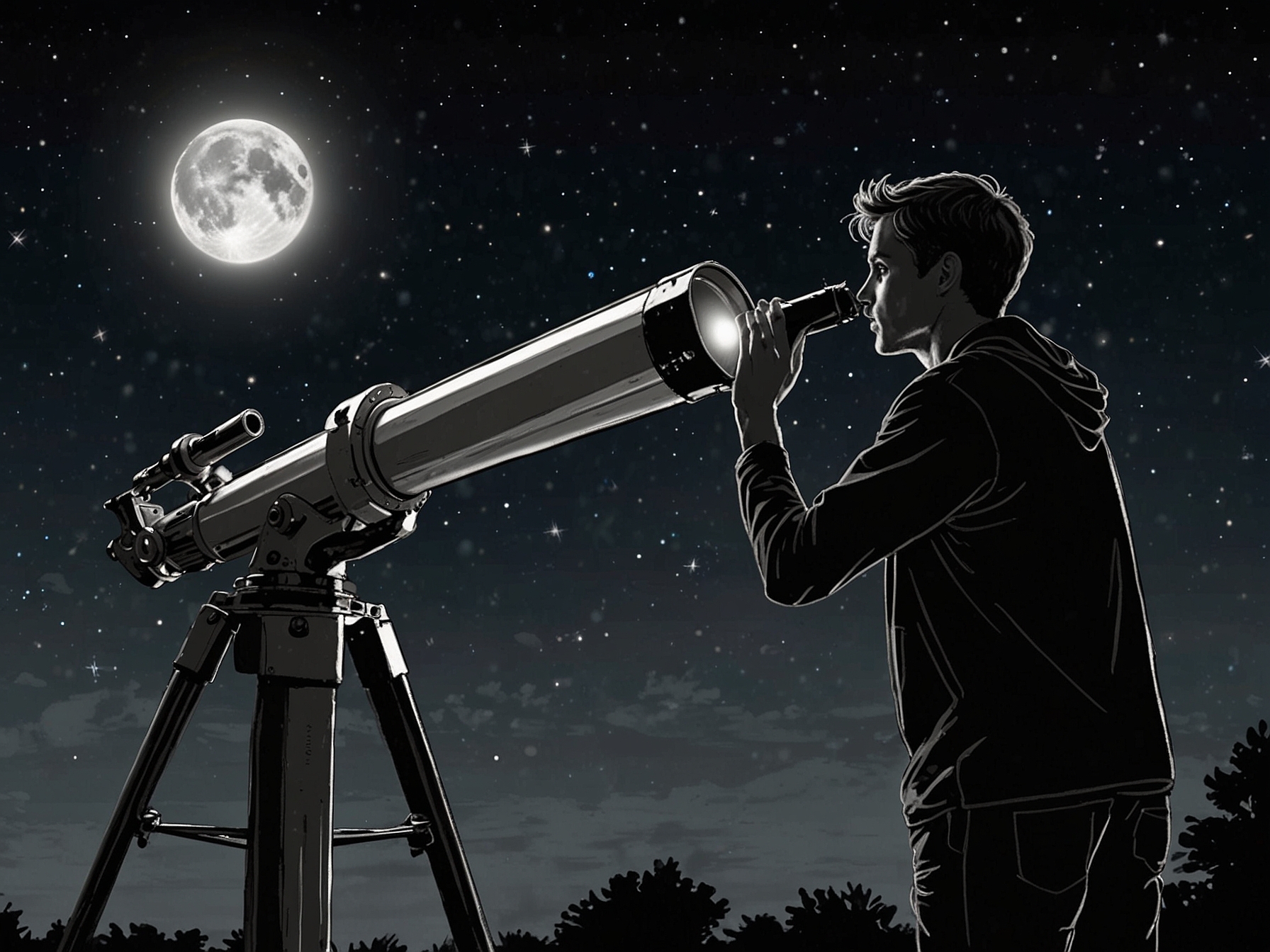 An amateur astronomer peers through a high-quality telescope at night, with a clear, dark sky backdrop, aiming to spot Asteroid 2023 MX as it whizzes past Earth close yet safely.