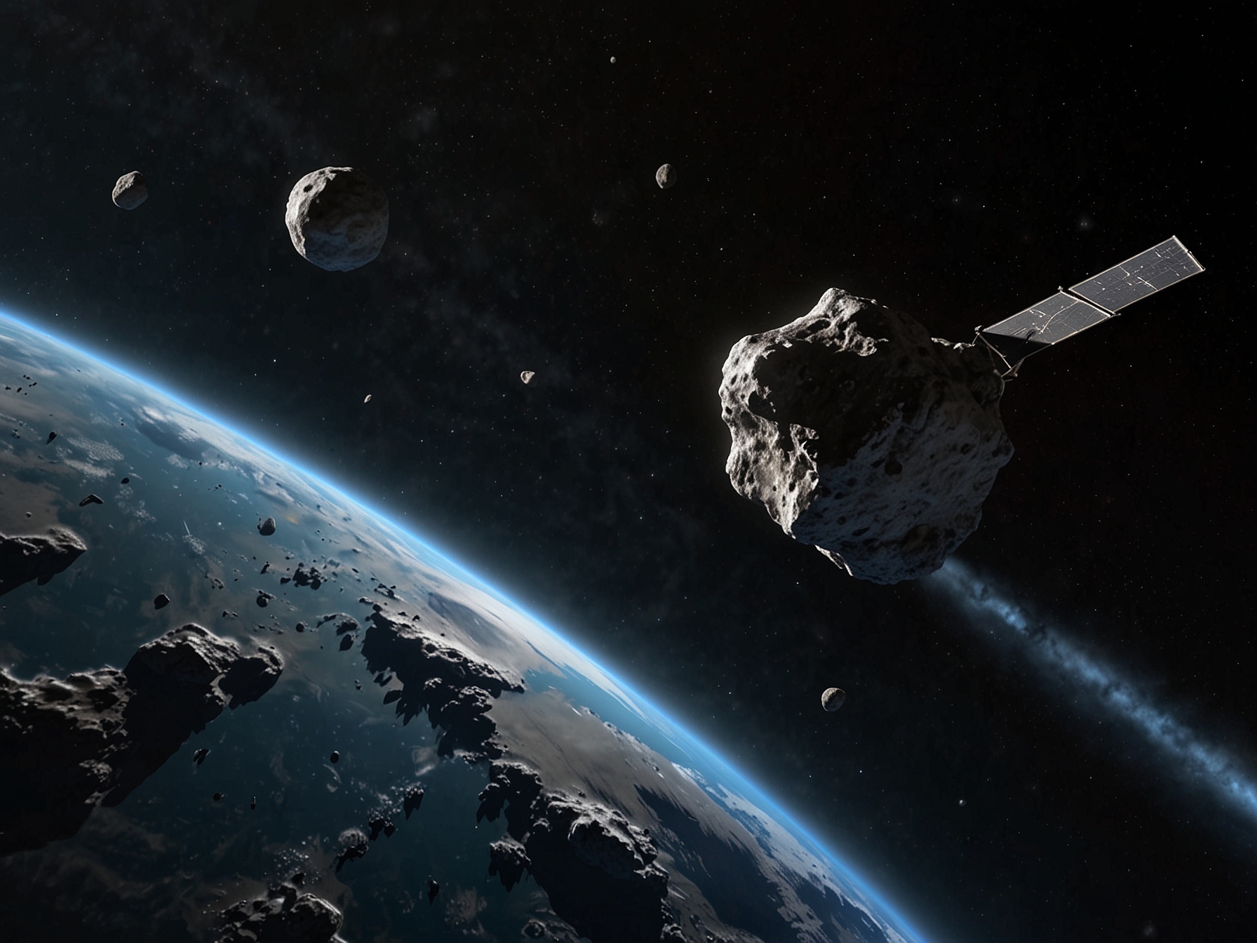 A live streaming session of Asteroid 2023 MX’s flyby, broadcasted on a computer screen, showcasing real-time visuals of the asteroid with expert commentary, making the event accessible globally.