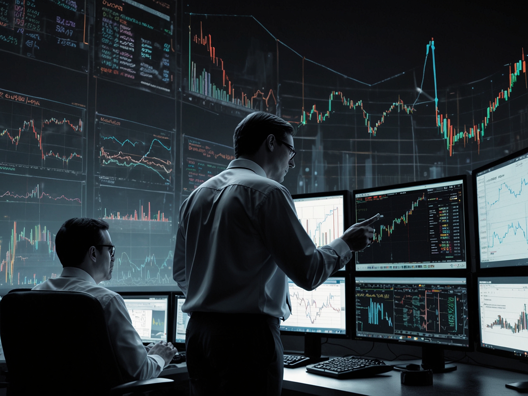 Investors analyzing market data on computer screens, emphasizing the cautious optimism, robust economic recovery, and expected corporate earnings, contributing to the bullish market outlook.