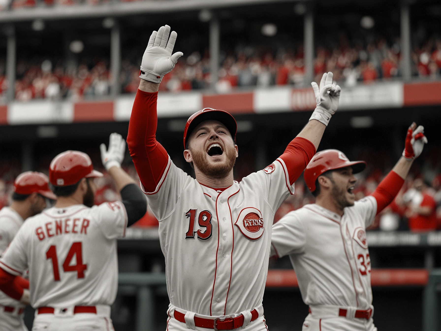 Spencer Steer celebrates after hitting a powerful home run, boosting the Cincinnati Reds' morale and contributing significantly to their dominant win against the St. Louis Cardinals.