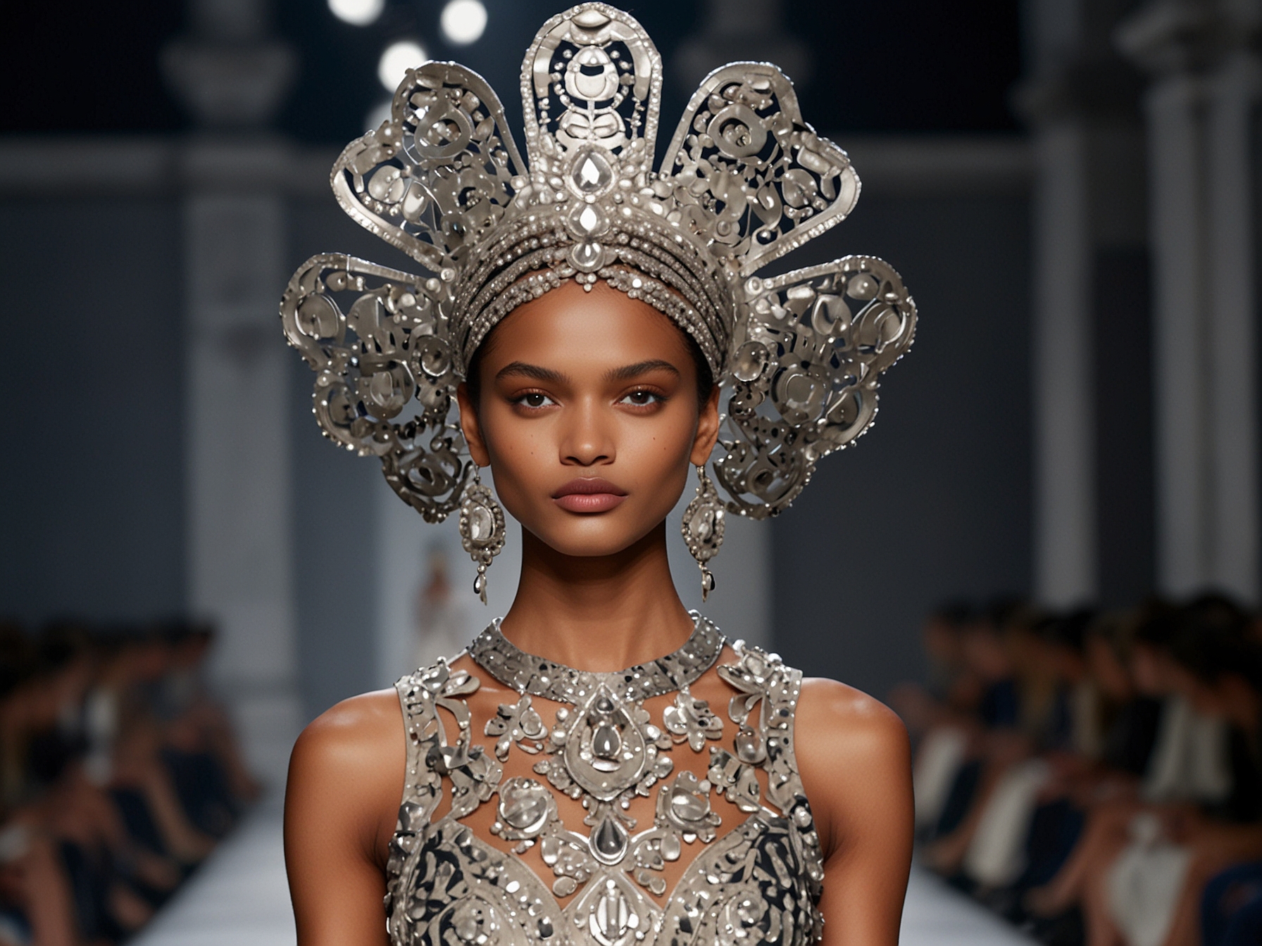An exquisite dress designed by Rahul Mishra featuring a headgear inspired by Lord Brahma, with sequinned heads that captivate the audience at Paris Fashion Week.