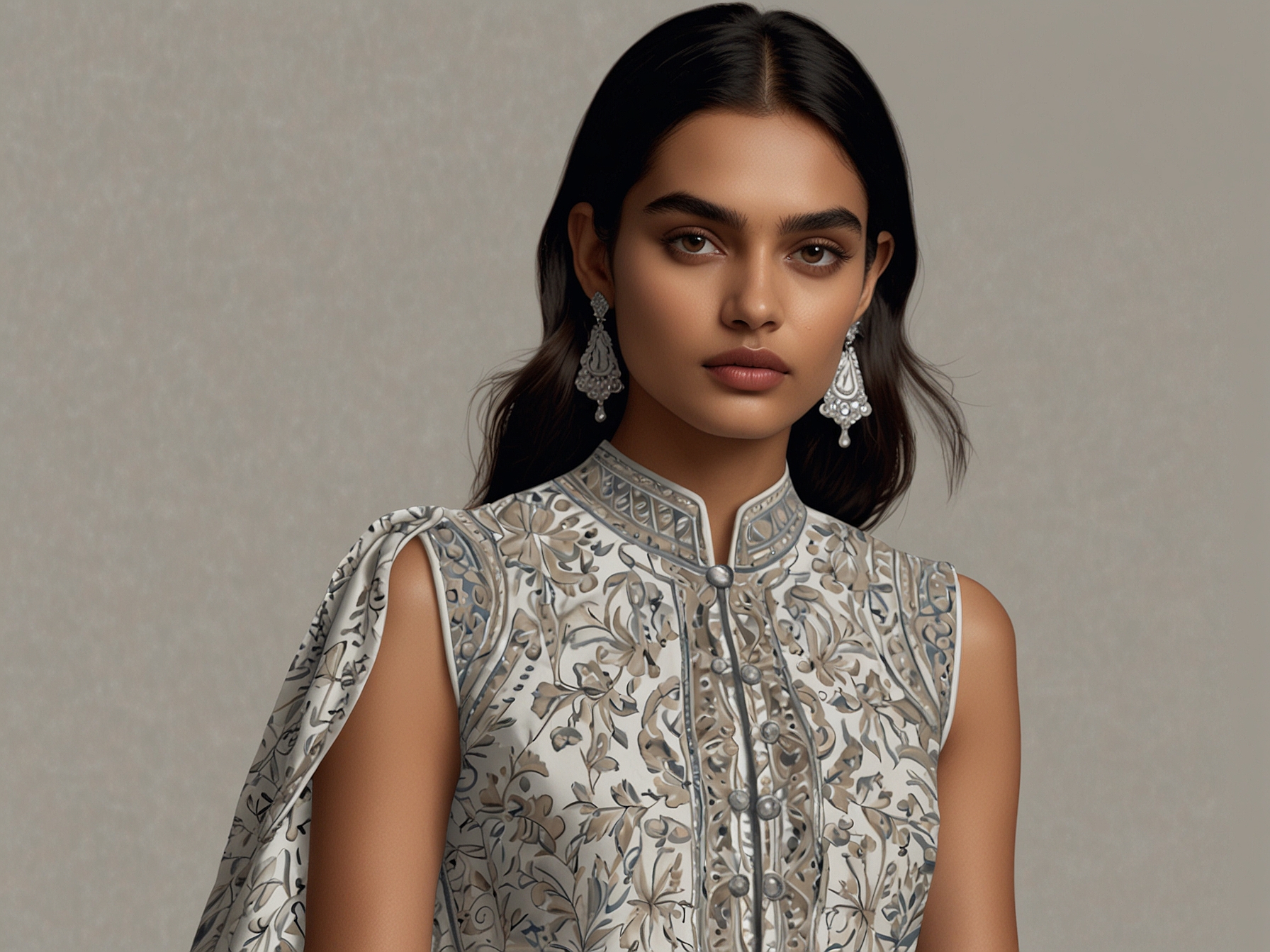 A model showcases the intricate detailing and sophisticated embroidery of Rahul Mishra's 'Aura' collection, blending traditional Indian motifs with contemporary fashion.