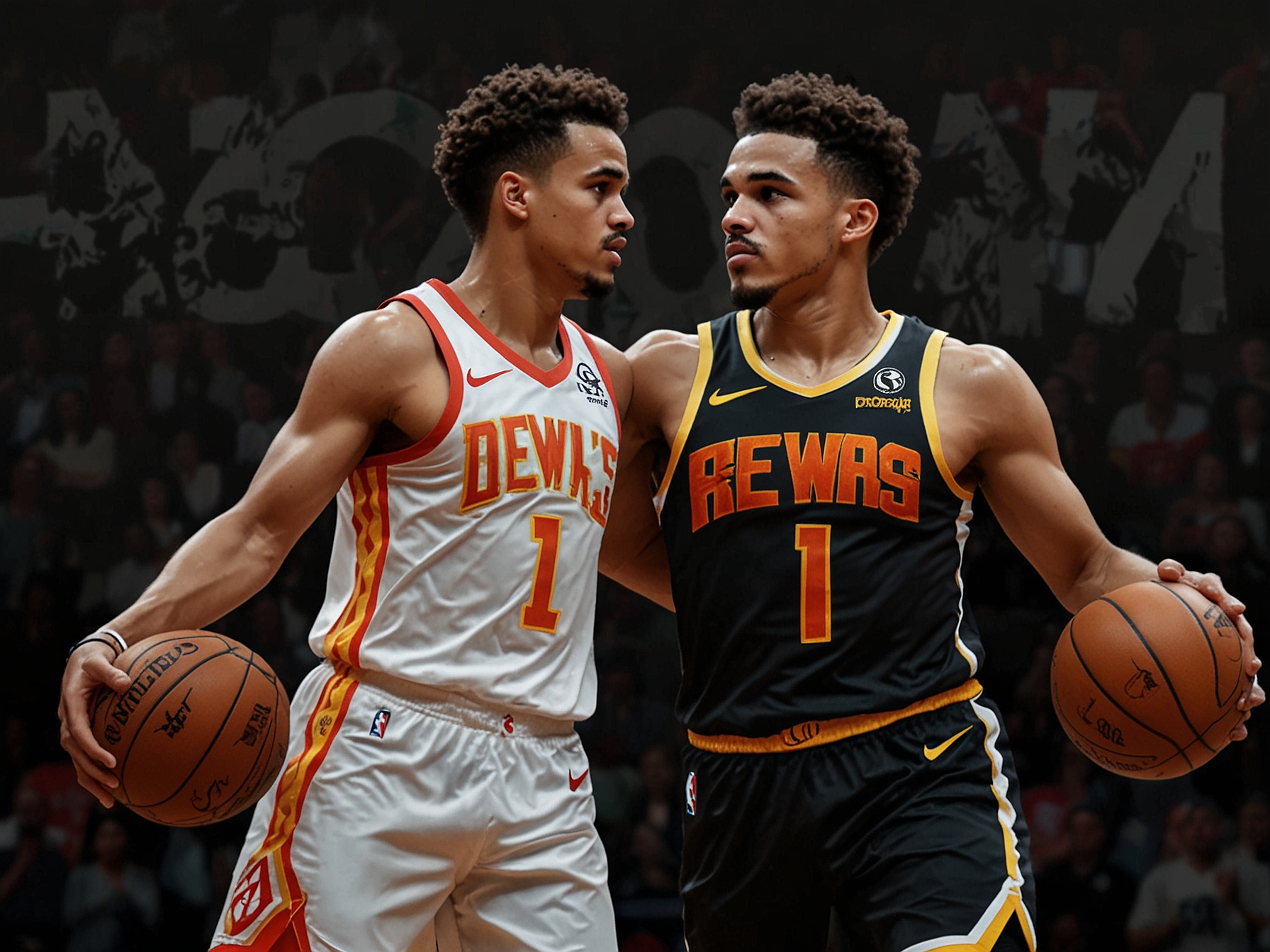 Visual representation of Trae Young’s playmaking and sharpshooting abilities versus Dejounte Murray’s defensive prowess and versatility, emphasizing the Hawks' trade dilemma.