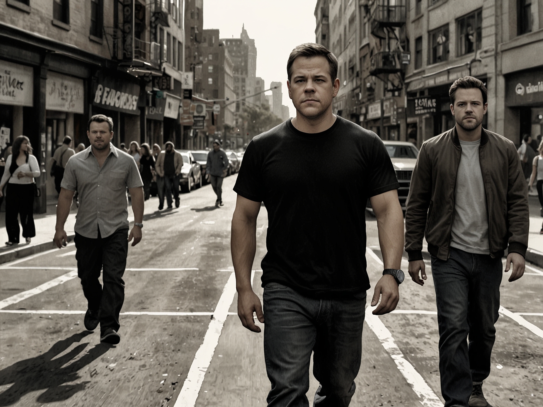 Matt Damon and Ben Affleck are seen walking together on a busy street, symbolizing their years of friendship and support through various phases of their lives.