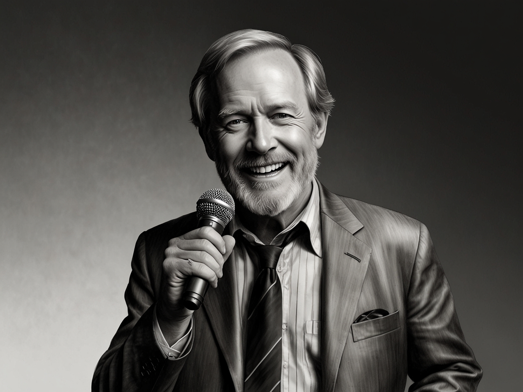 Martin Mull at a photoshoot, holding a microphone and smiling, capturing his signature blend of humor and charisma that made him a beloved figure in comedy and television.