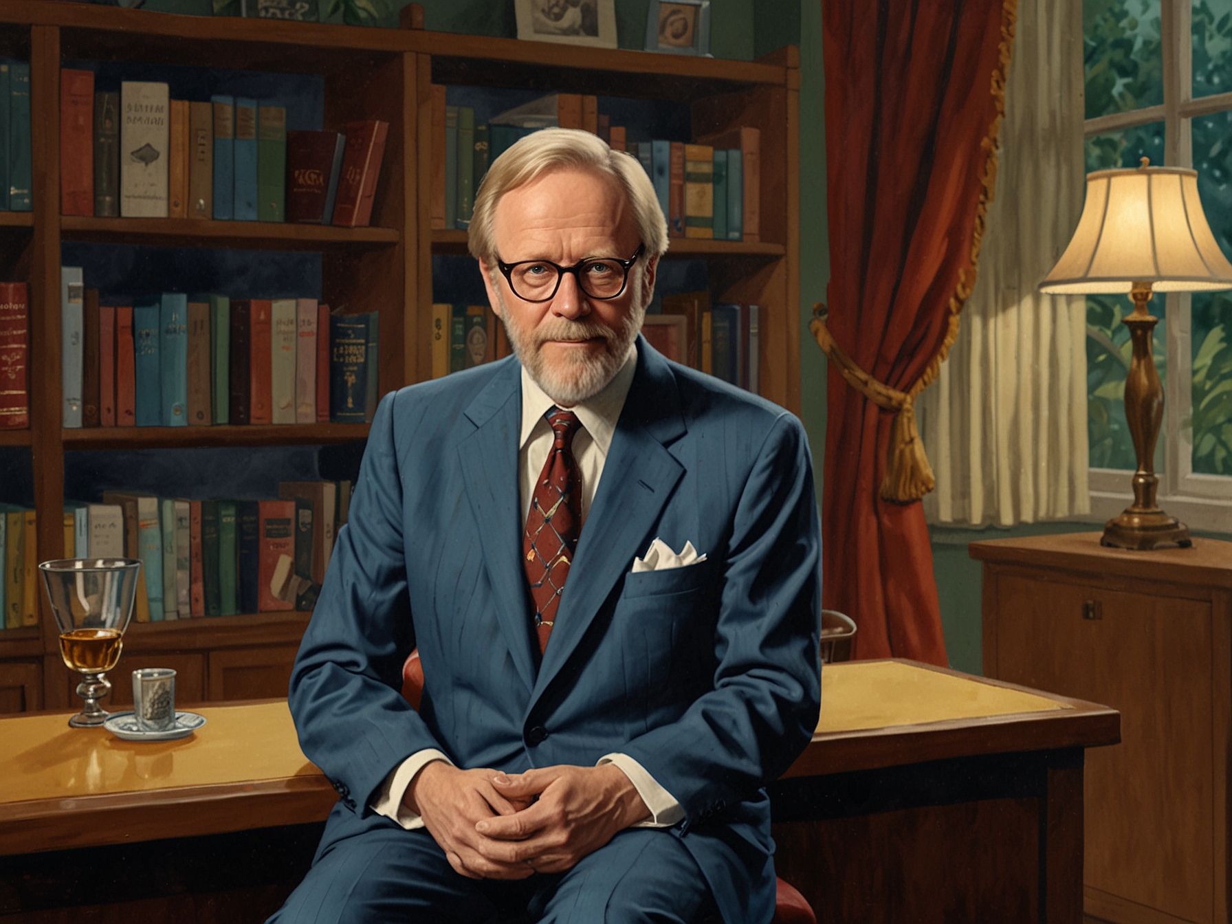 A scene from 'Fernwood 2 Night' featuring Martin Mull as Barth Gimble, showcasing his sharp wit and distinctive style in his role as the sardonic talk-show host.