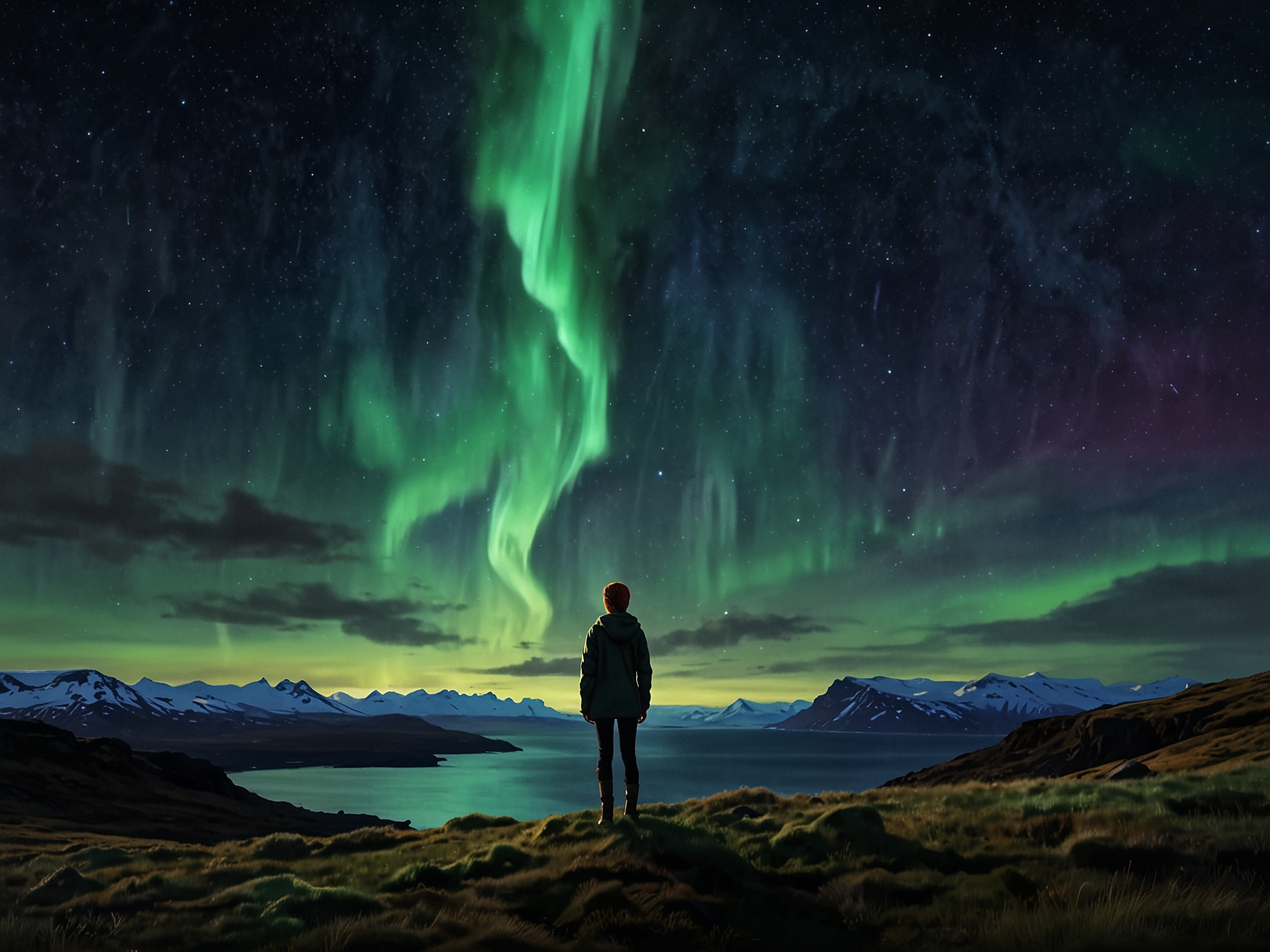 A solo female traveler standing on a cliff in Iceland, gazing at the Northern Lights. The serene and breathtaking natural beauty emphasizes Iceland's safety and allure for solo women travelers.