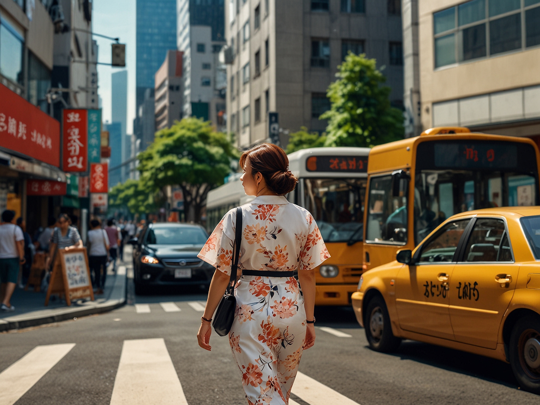 A woman comfortably navigating the streets of Tokyo, Japan, surrounded by vibrant city life and traditional landmarks. It highlights the city's safety, efficient transportation, and the politeness of locals.
