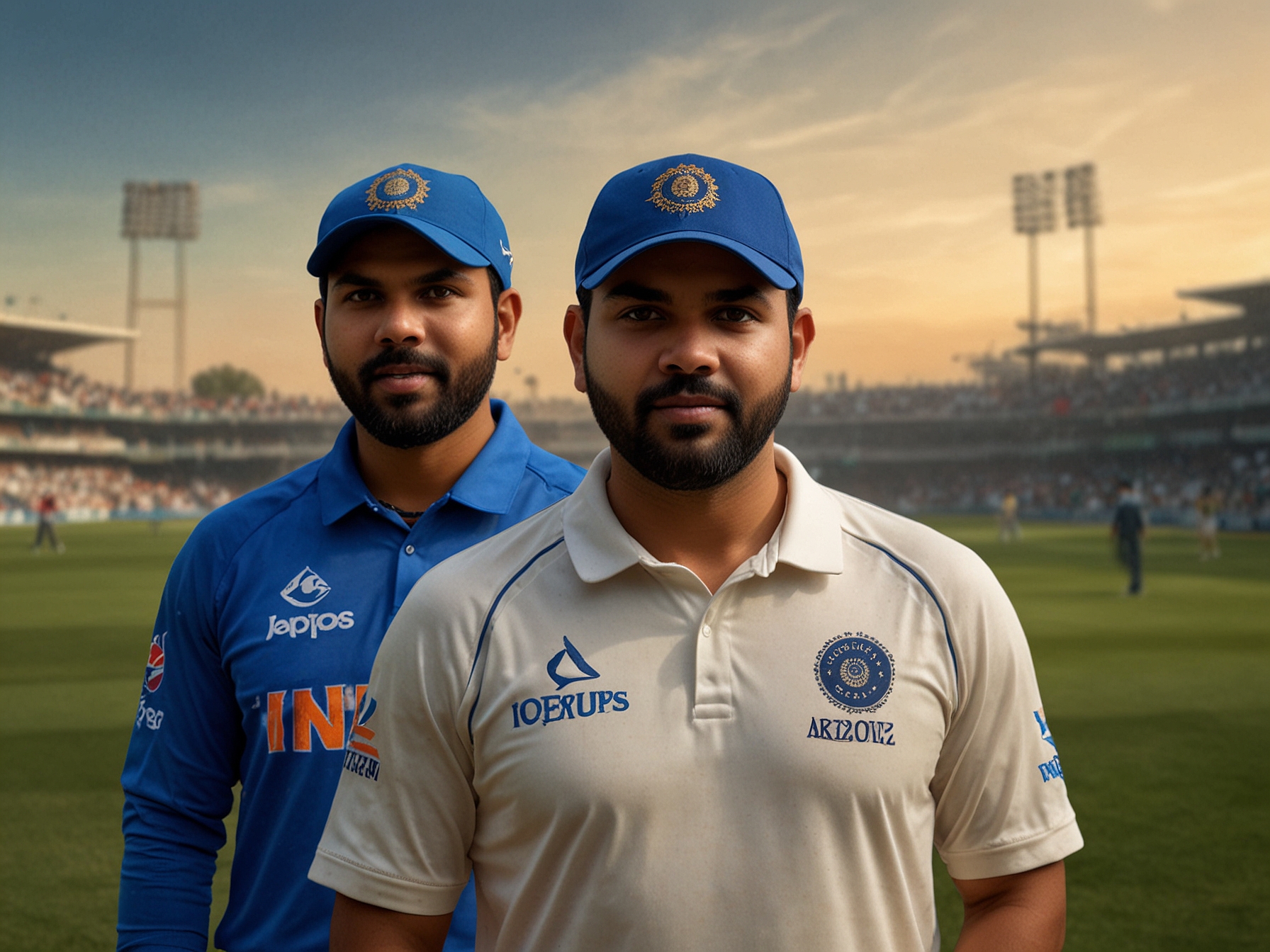 Rohit Sharma and Aiden Markram standing on the pitch alongside the umpire, ready for the coin toss ceremony under high anticipation from fans and analysts.