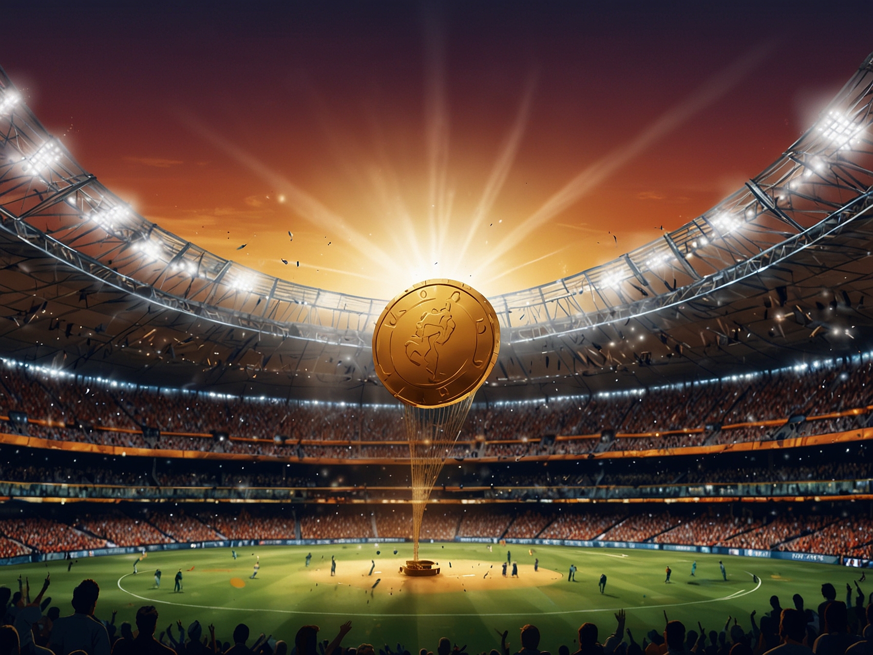 The coin flipping mid-air against a vivid backdrop of a packed stadium, capturing the tense moment that could dictate the strategies of the T20 World Cup 2024 Final.
