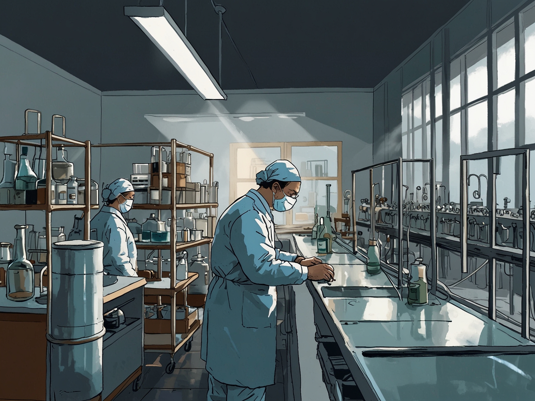 A laboratory setting with scientists conducting research on milk pasteurization. They are using specialized equipment to test the inactivation of the bird flu virus in milk.
