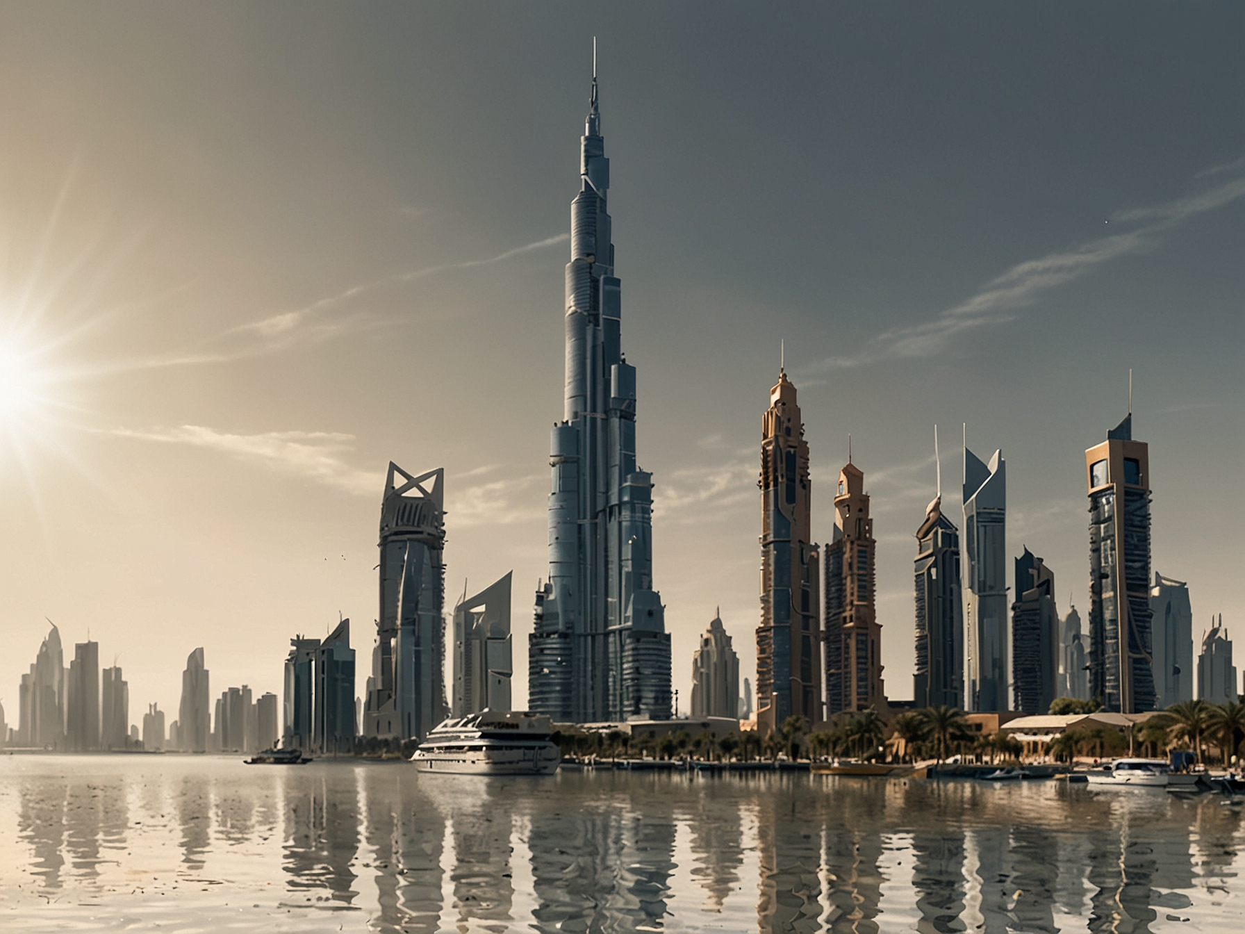 A panoramic view of Dubai's skyline under a scorching sun, illustrating the extreme heat the Gulf States face, with temperatures exceeding 50 degrees Celsius during summer.