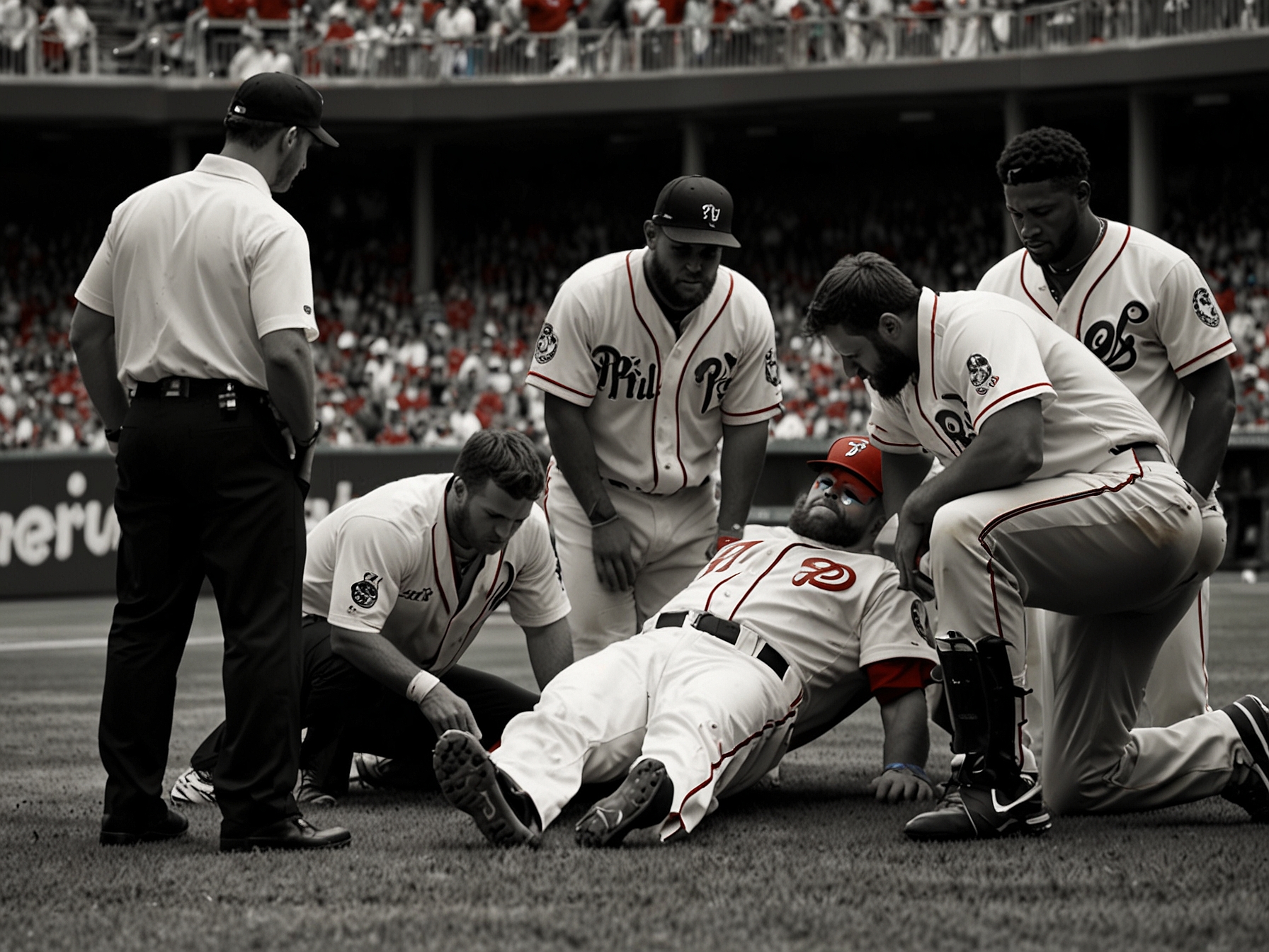 Bryce Harper lying on the field in visible pain while medical staff attends to him after suffering a hamstring injury during the final moments of the Phillies' game against the Marlins.