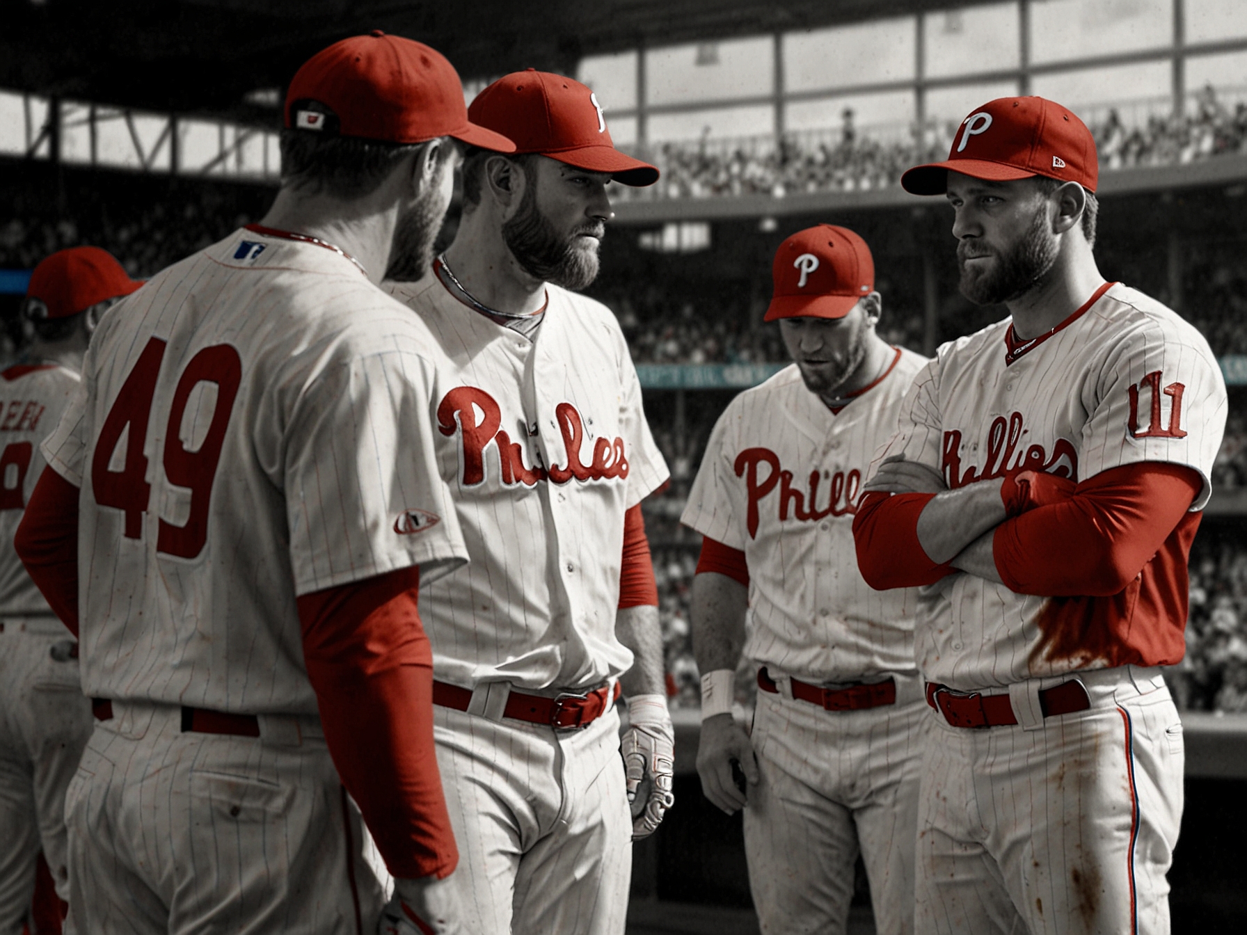 Philadelphia Phillies' teammates and coaching staff showing concern as Bryce Harper limps off the field, highlighting the emotional and physical toll of his injury on the team.