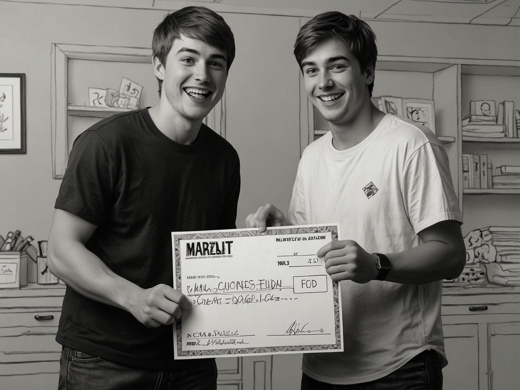 An image of MrBeast presenting a large check to a random person, capturing their astonished and joyful reaction, symbolizing the surprise element that captivates viewers.
