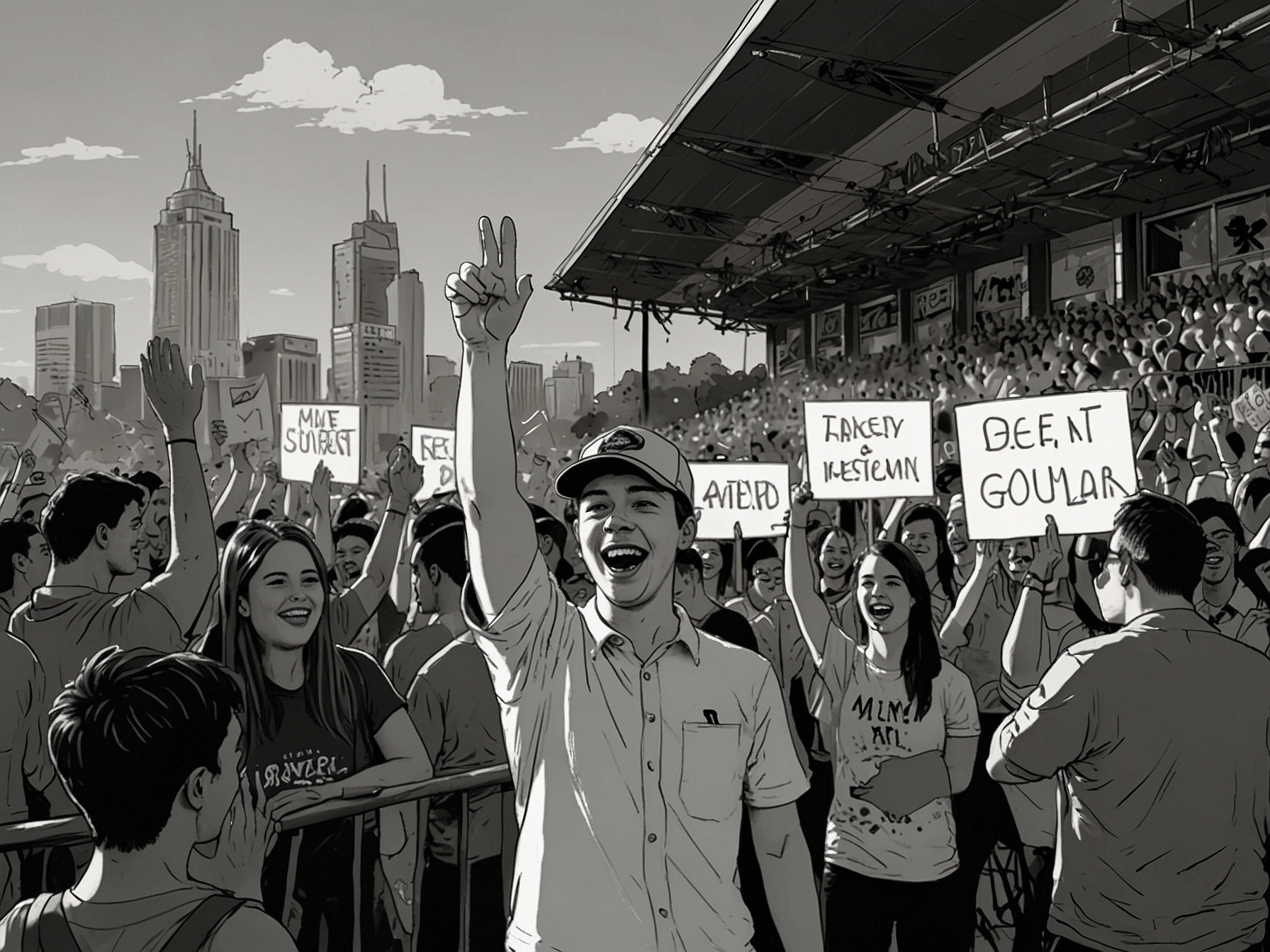 A crowd of enthusiastic fans in Australia, holding signs and cheering as MrBeast visits, showcasing his global influence and the sense of community among his followers.