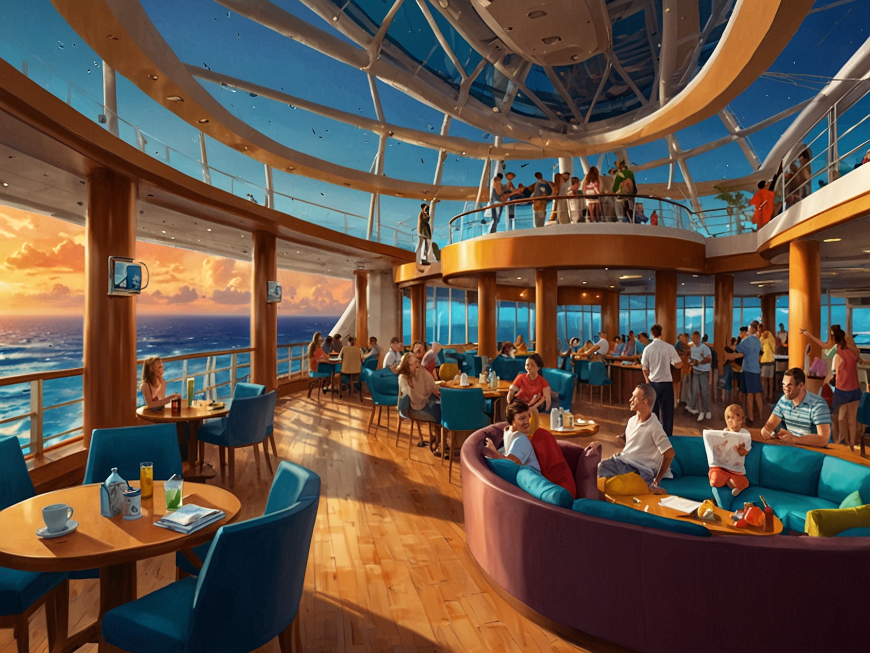 A vibrant scene on a Royal Caribbean cruise, showcasing happy passengers enjoying state-of-the-art amenities and onboard activities, depicting the enhanced travel experiences contributing to its success.
