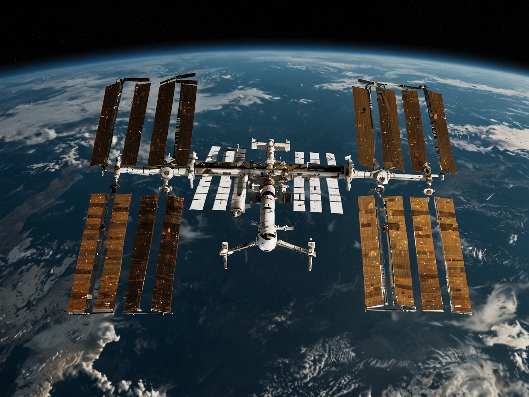 An artist's impression of the International Space Station (ISS) preparing for its controlled descent, surrounded by space, highlighting the end of an era in space exploration.