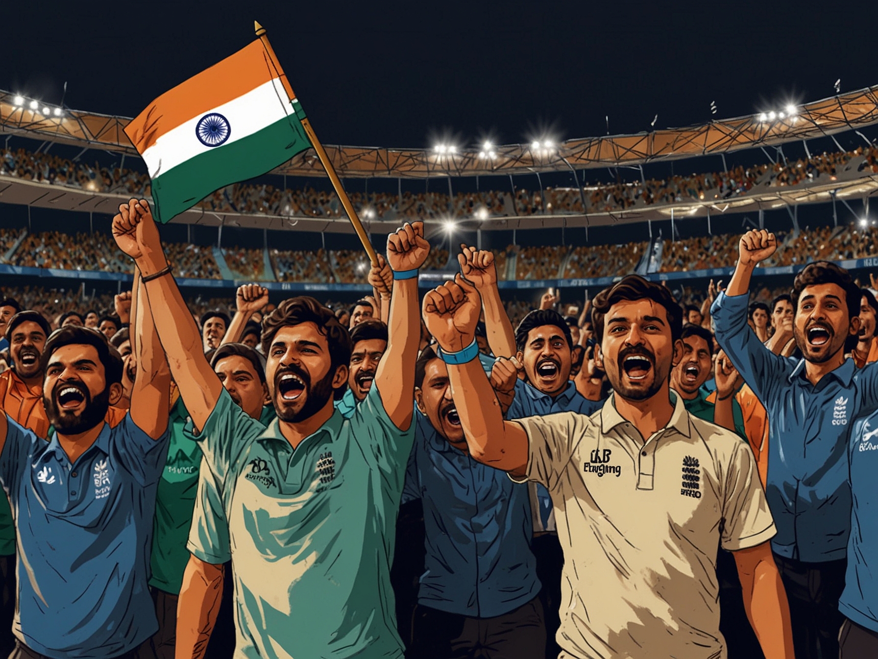 An illustration showing fans cheering for India and England cricket teams, capturing the high-energy atmosphere expected during their T20 World Cup 2024 match.
