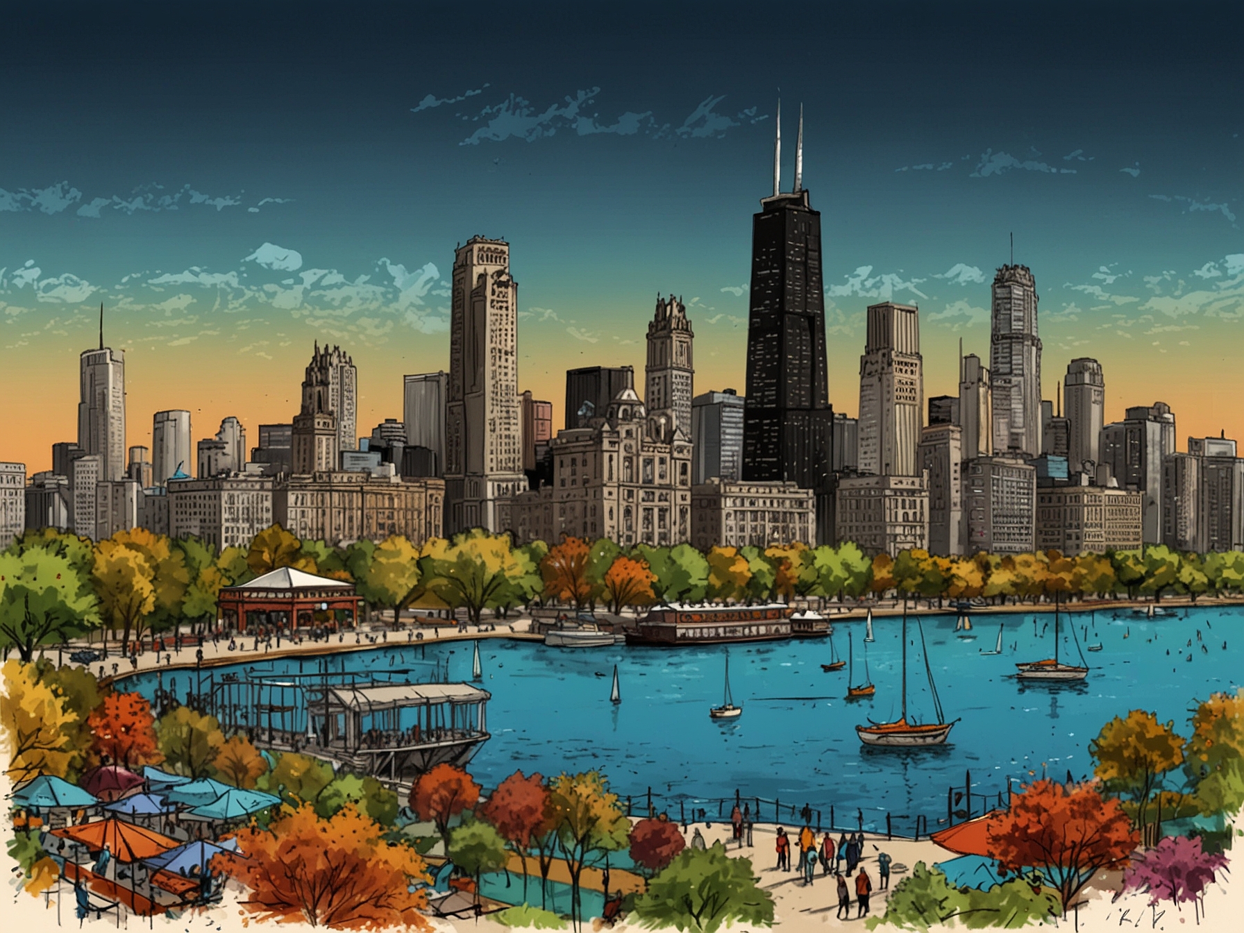 A panoramic view of Chicago, highlighting the city's vibrant food scene with food festivals and local chefs, symbolizing the rich culinary heritage that serves as a backdrop for the series.