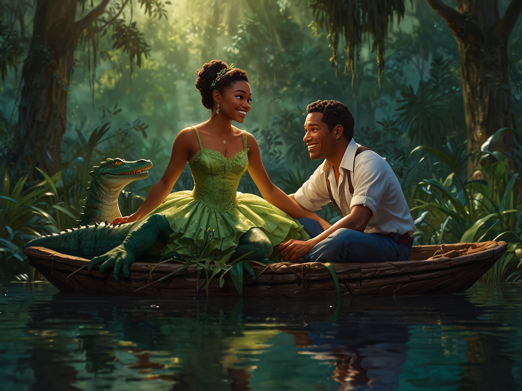 A vibrant scene from Tiana’s Bayou Adventure showcases lifelike animatronics of Tiana and Louis the alligator in a lush, swampy bayou setting, capturing the essence of New Orleans culture.