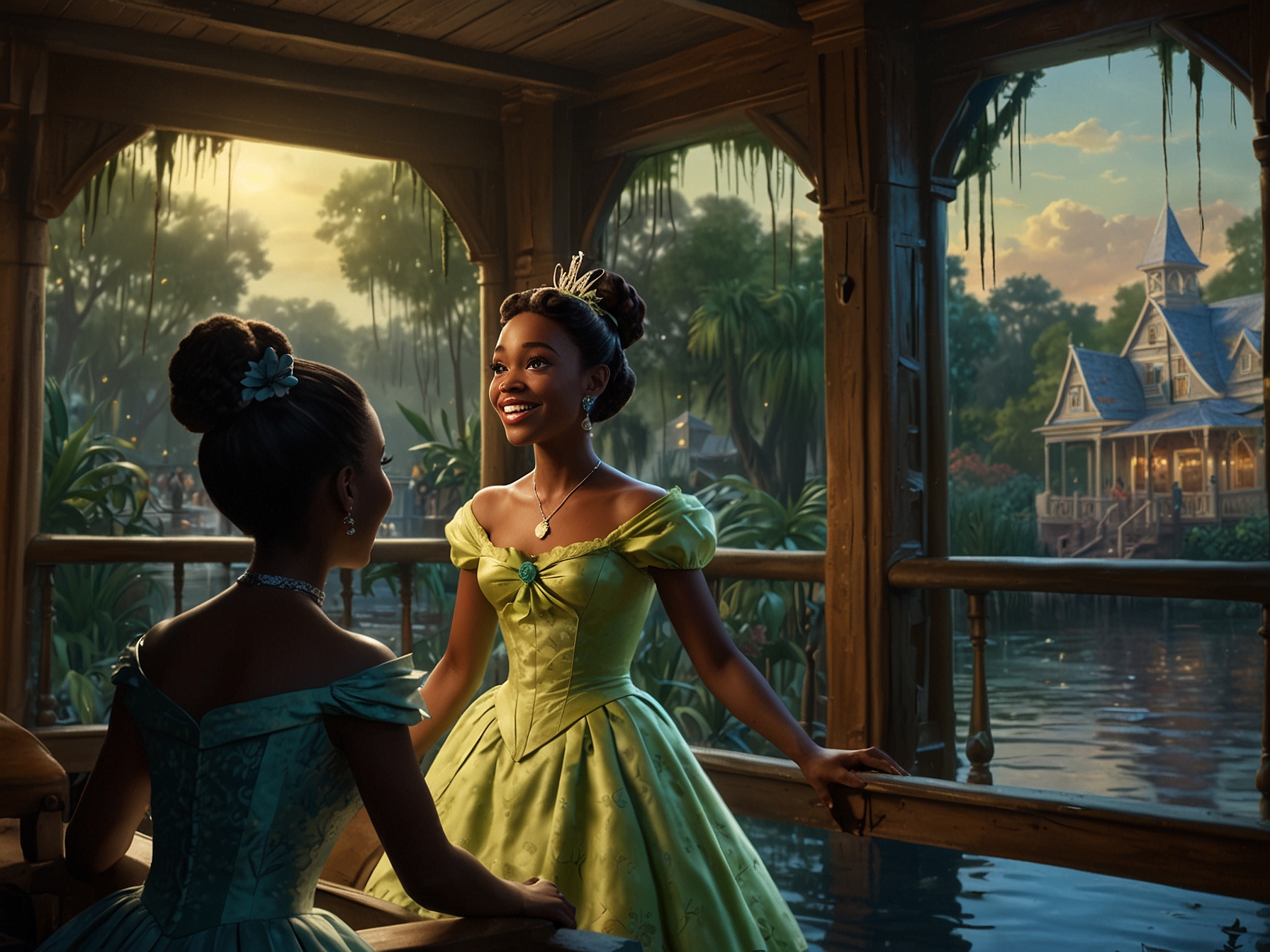 Guests aboard Tiana’s Bayou Adventure are immersed in a lively bayou environment, with detailed scenery, advanced animatronics, and lively music echoing from the film The Princess and the Frog.