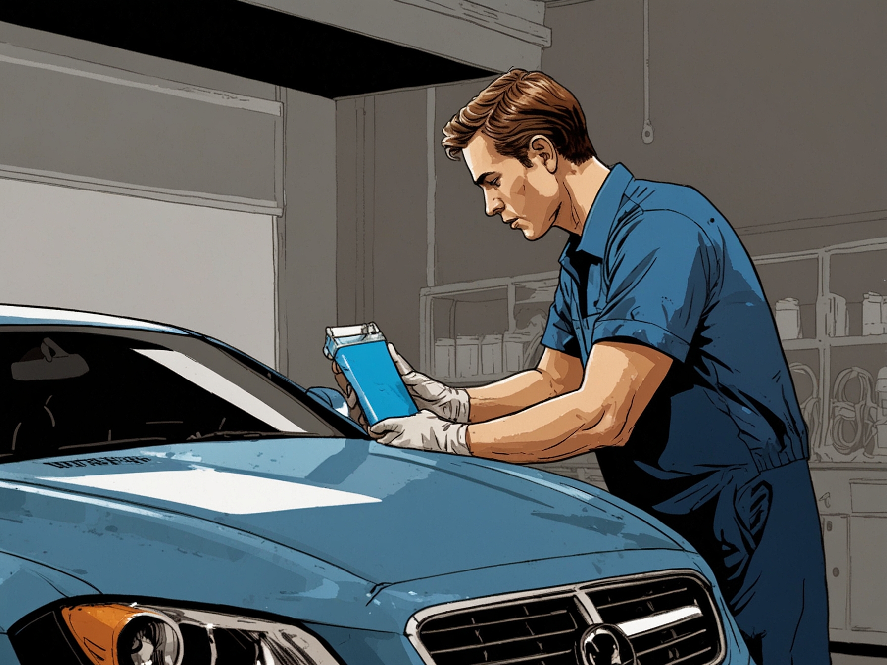 A mechanic checking the windscreen washer fluid reservoir beneath the car's hood, emphasizing the importance of routine maintenance to prevent MOT failures.