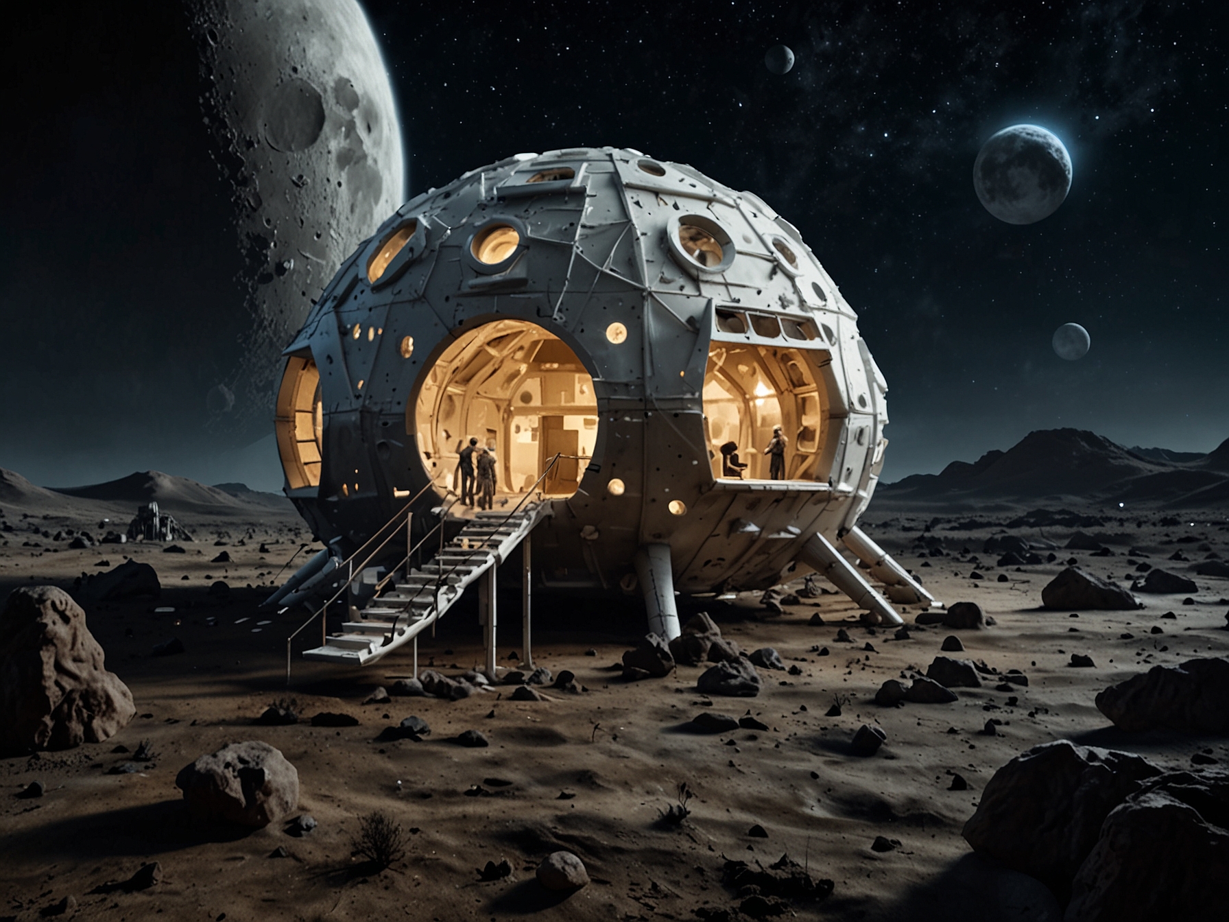 Illustration of a futuristic space habitat constructed from mycelium-based materials on the surface of the Moon, showcasing the innovative use of fungal mycelium in space architecture.