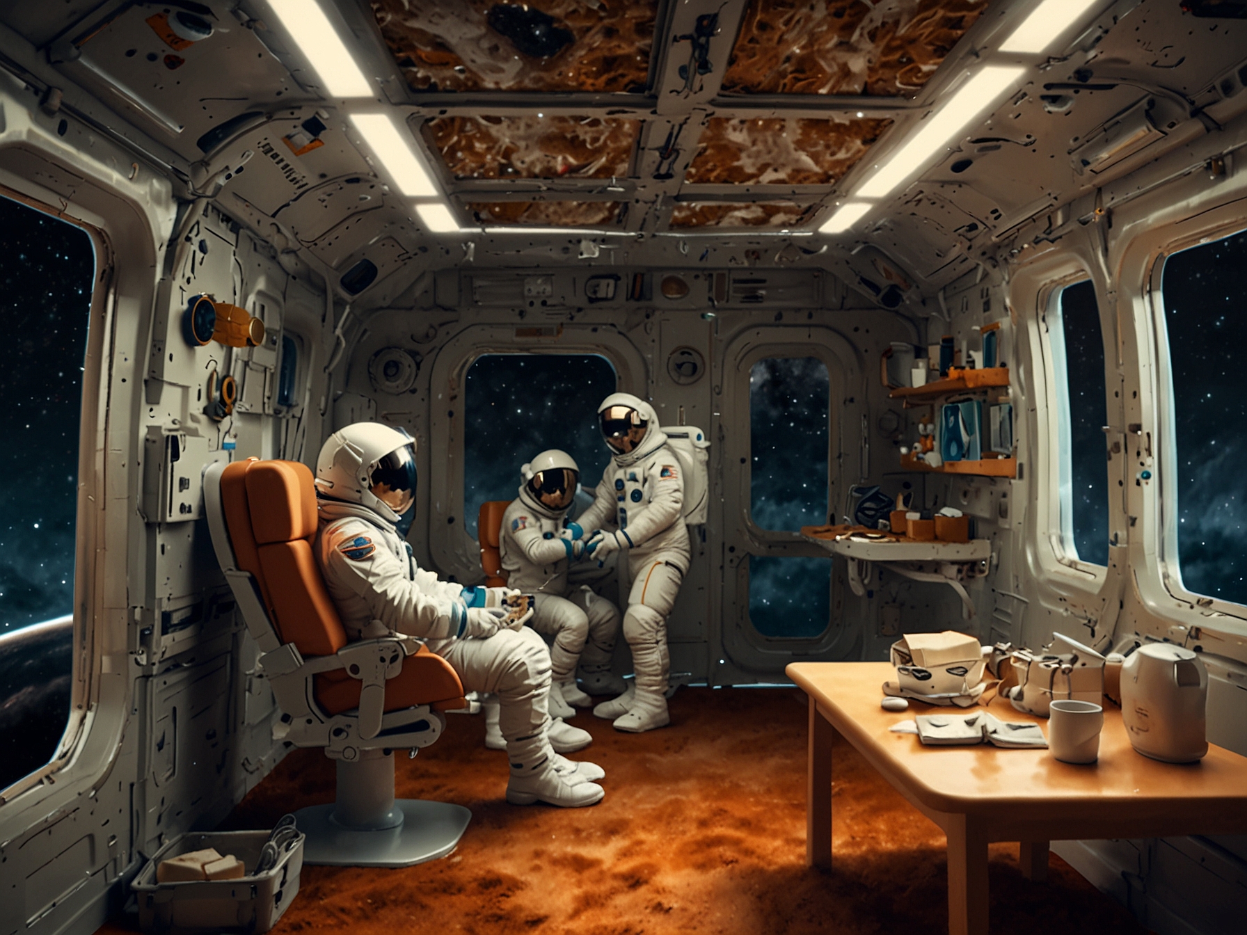 Depiction of astronauts growing furniture from mushroom mycelium in a space station, highlighting the adaptability and sustainability of mycelium-based materials for daily use in outer space.