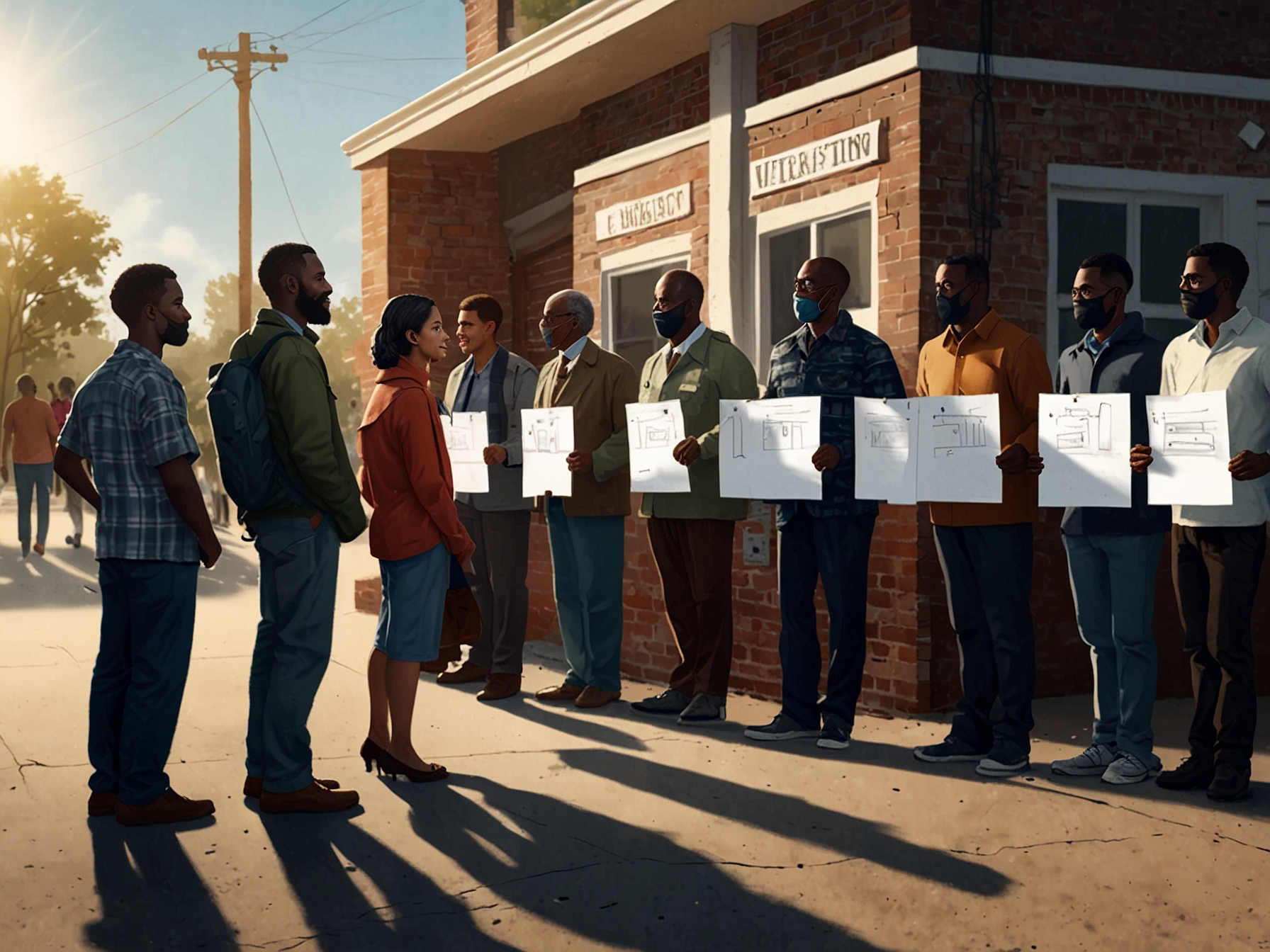Voters lining up at polling stations early in the morning, presenting identification to poll workers to verify their eligibility before casting their votes.