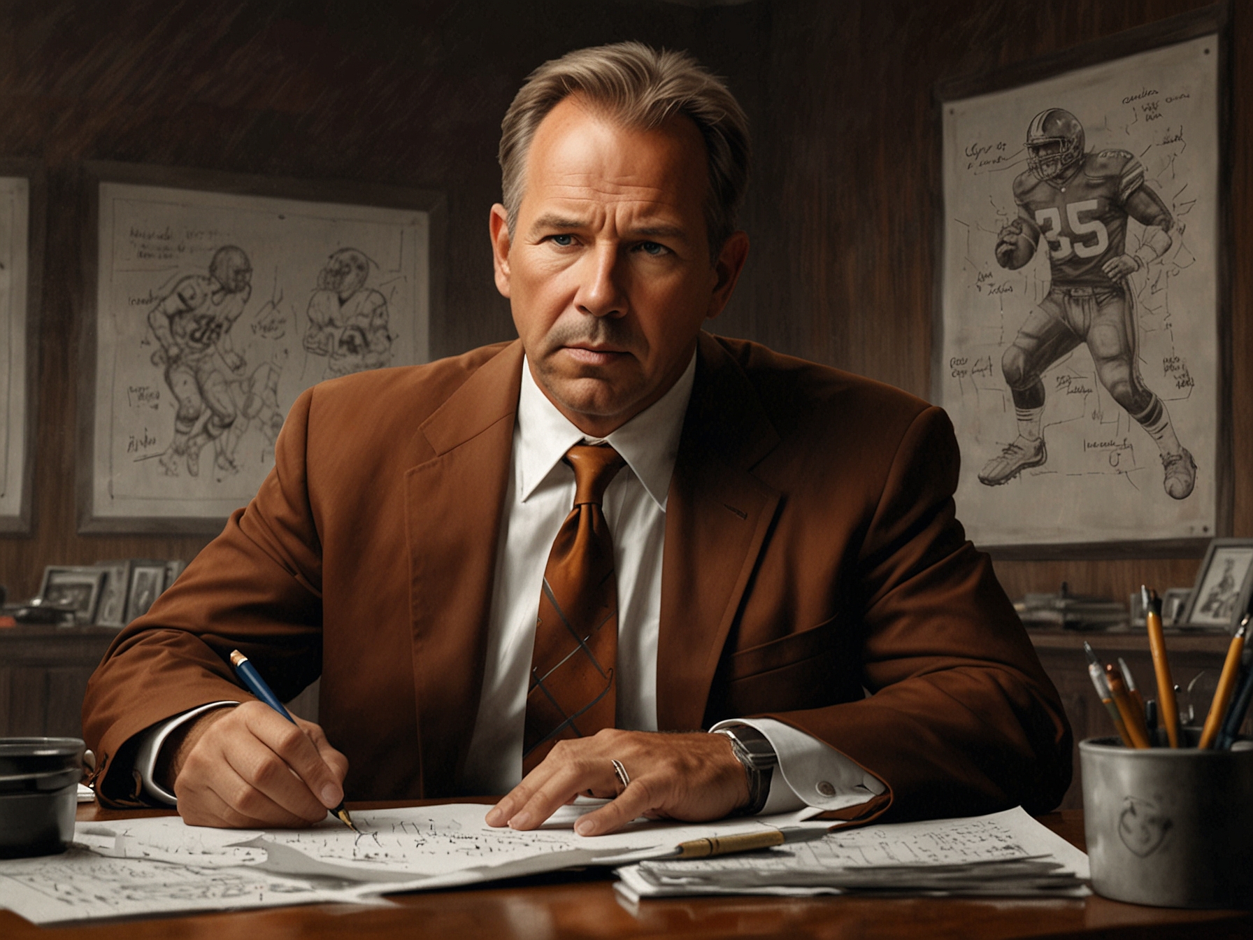 Costner in 'Draft Day' as Sonny Weaver Jr., the Cleveland Browns' GM, navigating intense NFL Draft Day decisions, demonstrating his dynamic performance in a high-pressure sports drama.