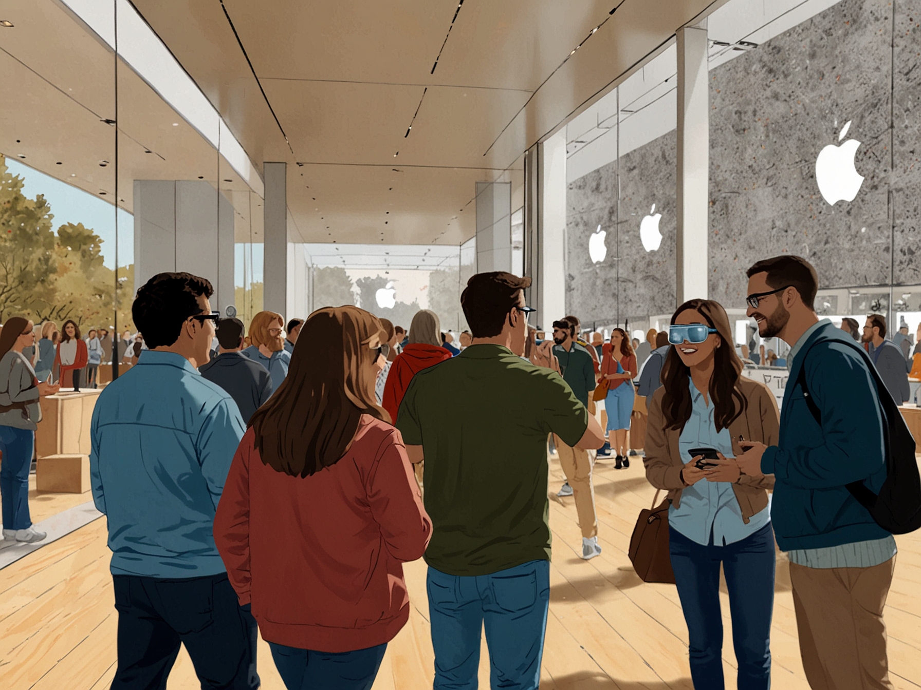 Excited customers outside an Apple Store with posters of the Apple Vision Pro, showcasing the high anticipation and buzz surrounding the technologically advanced AR/VR headset.