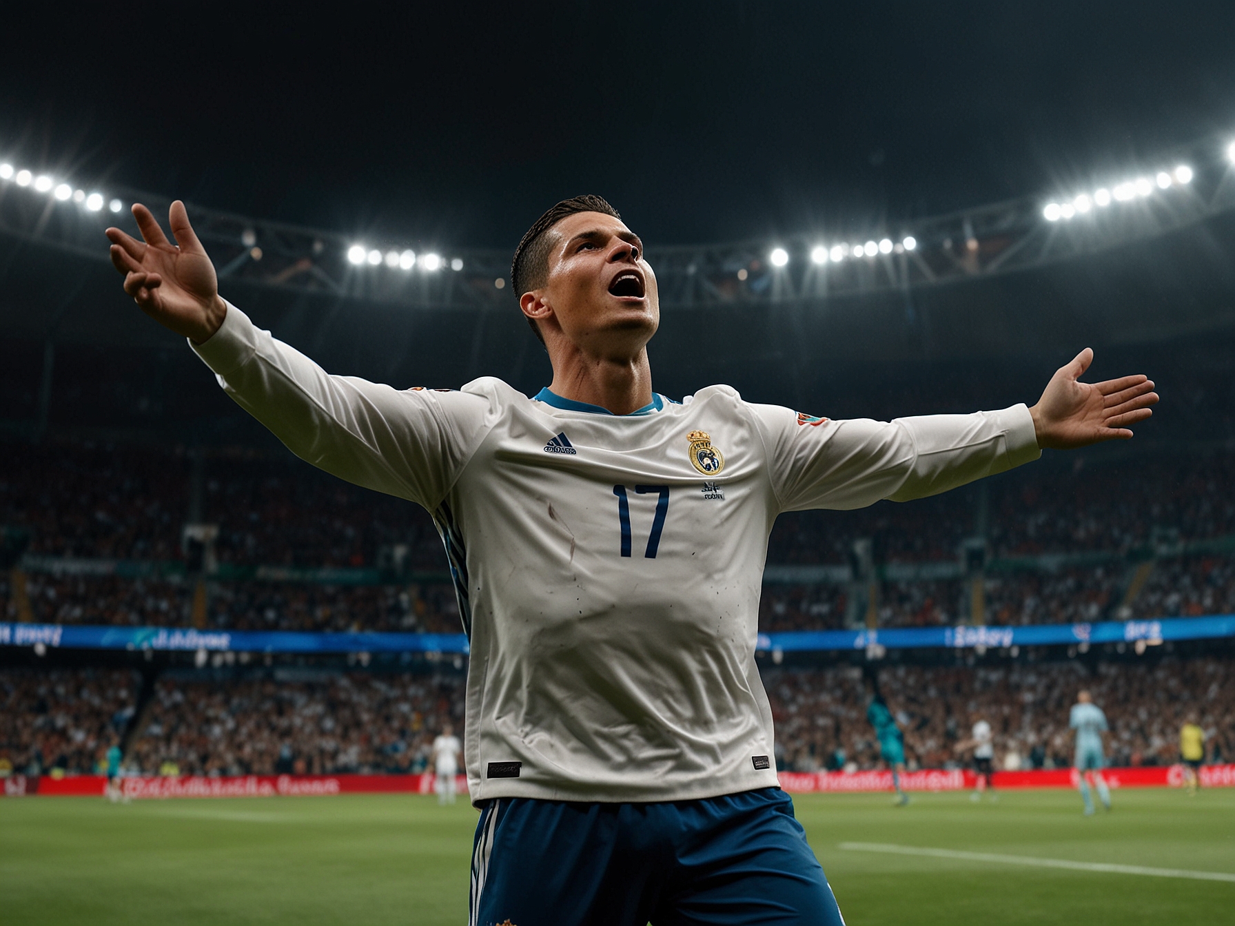 Cristiano Ronaldo performs his iconic goal celebration with a jump, twist, and outstretched arms, signifying dominance and confidence at Euro 2024, analyzed by body language experts.