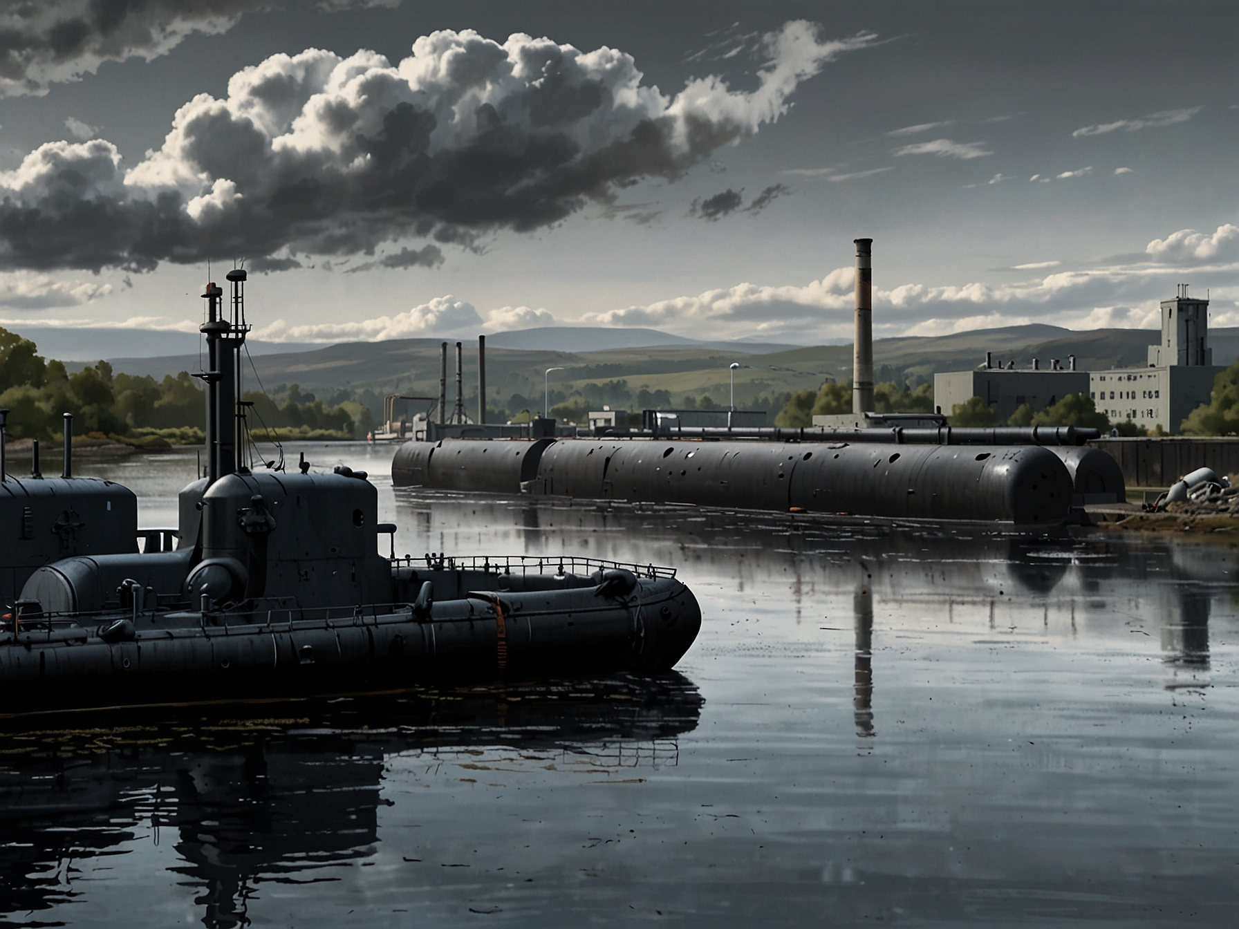 A striking image of the Clyde River with a backdrop of a naval base housing submarines, symbolizing the controversial presence of the 220 nuclear bombs mentioned in the article.