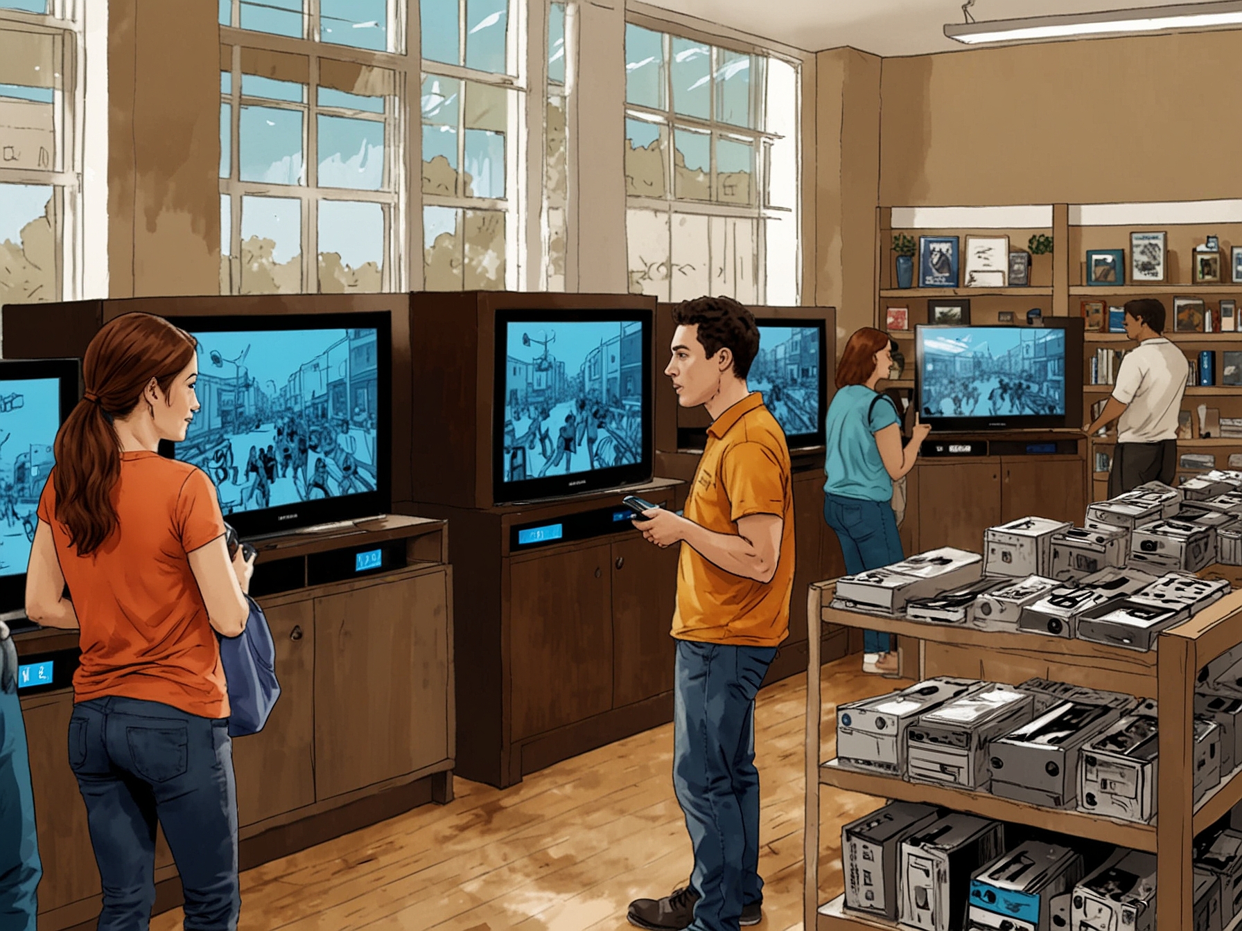 Shoppers exploring various discounted Samsung TV models at an electronics store, eager to take advantage of up to $2,400 in savings on top-quality home entertainment systems.