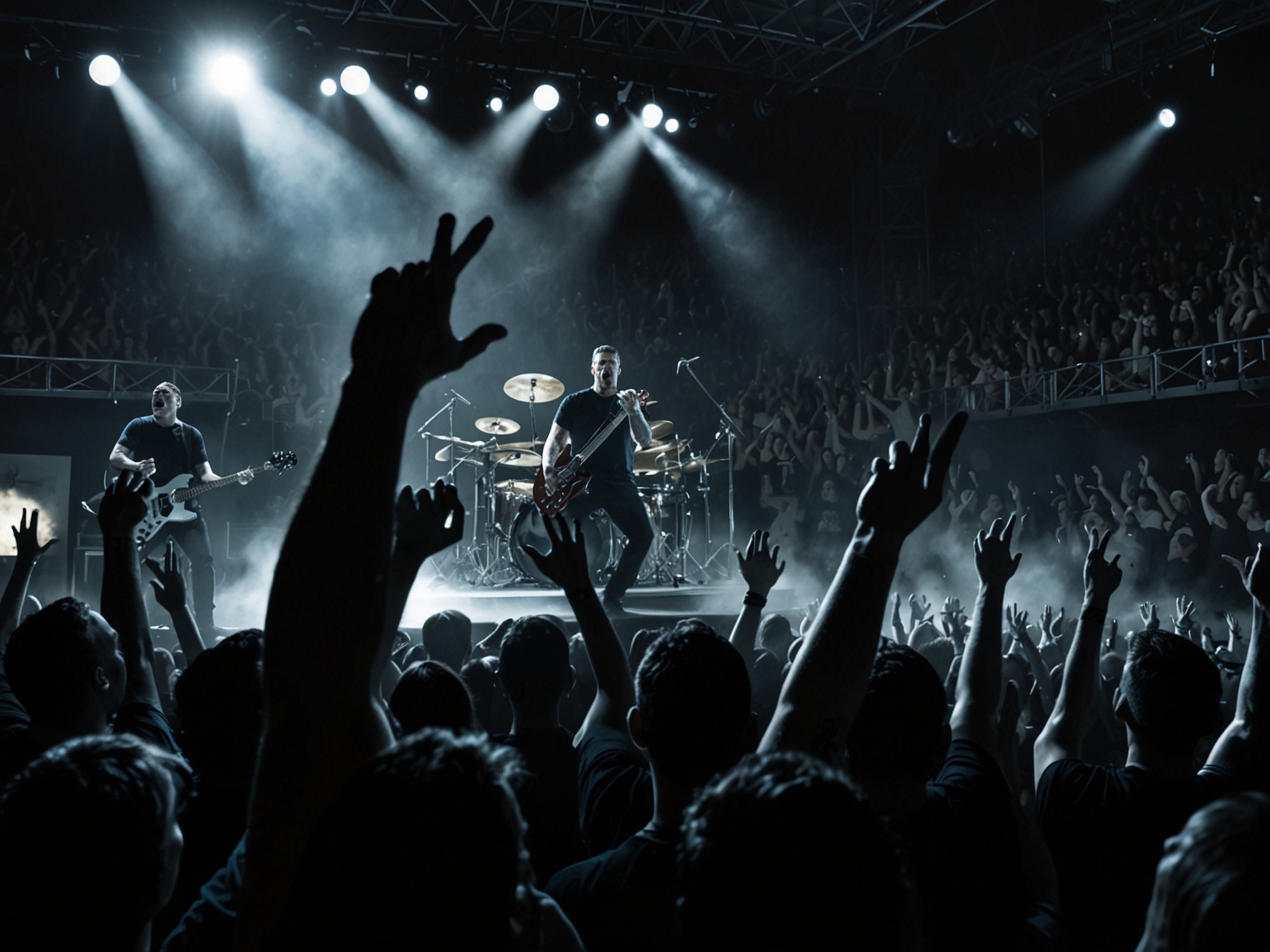 The band Parkway Drive performing on stage, capturing their intense energy and raw aggression, as they perform tracks from their impactful album Deep Blue.