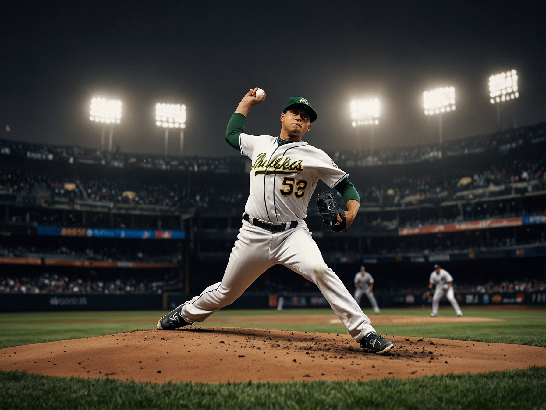 Sean Manaea in mid-pitch, showcasing his precision and control against the Yankees at Citi Field. The stadium background and crowd emphasize the high-stakes environment.