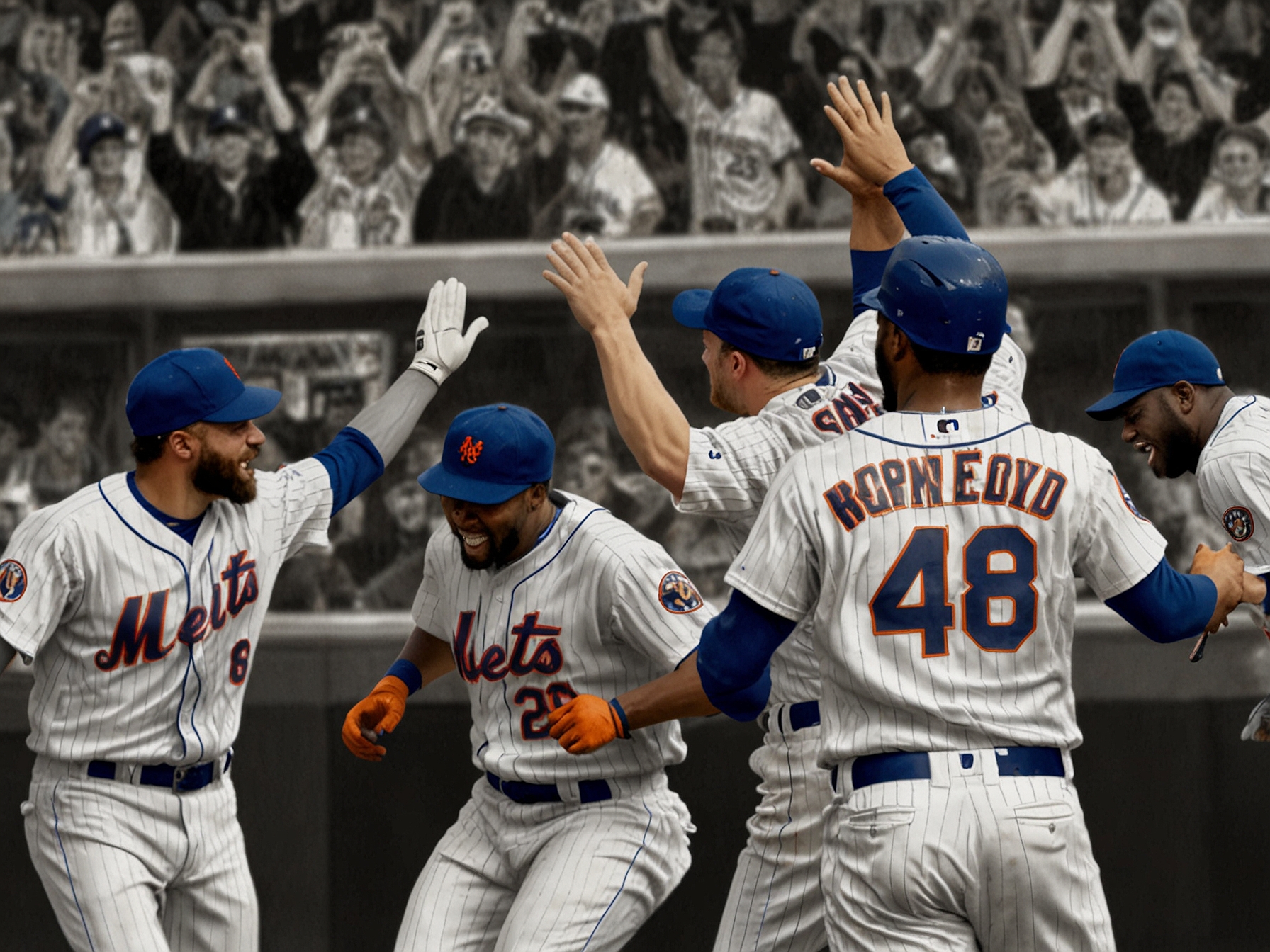 The Mets' players celebrating their decisive 12-2 victory over the Yankees post-game. The image highlights the team's morale boost and momentum in the season.