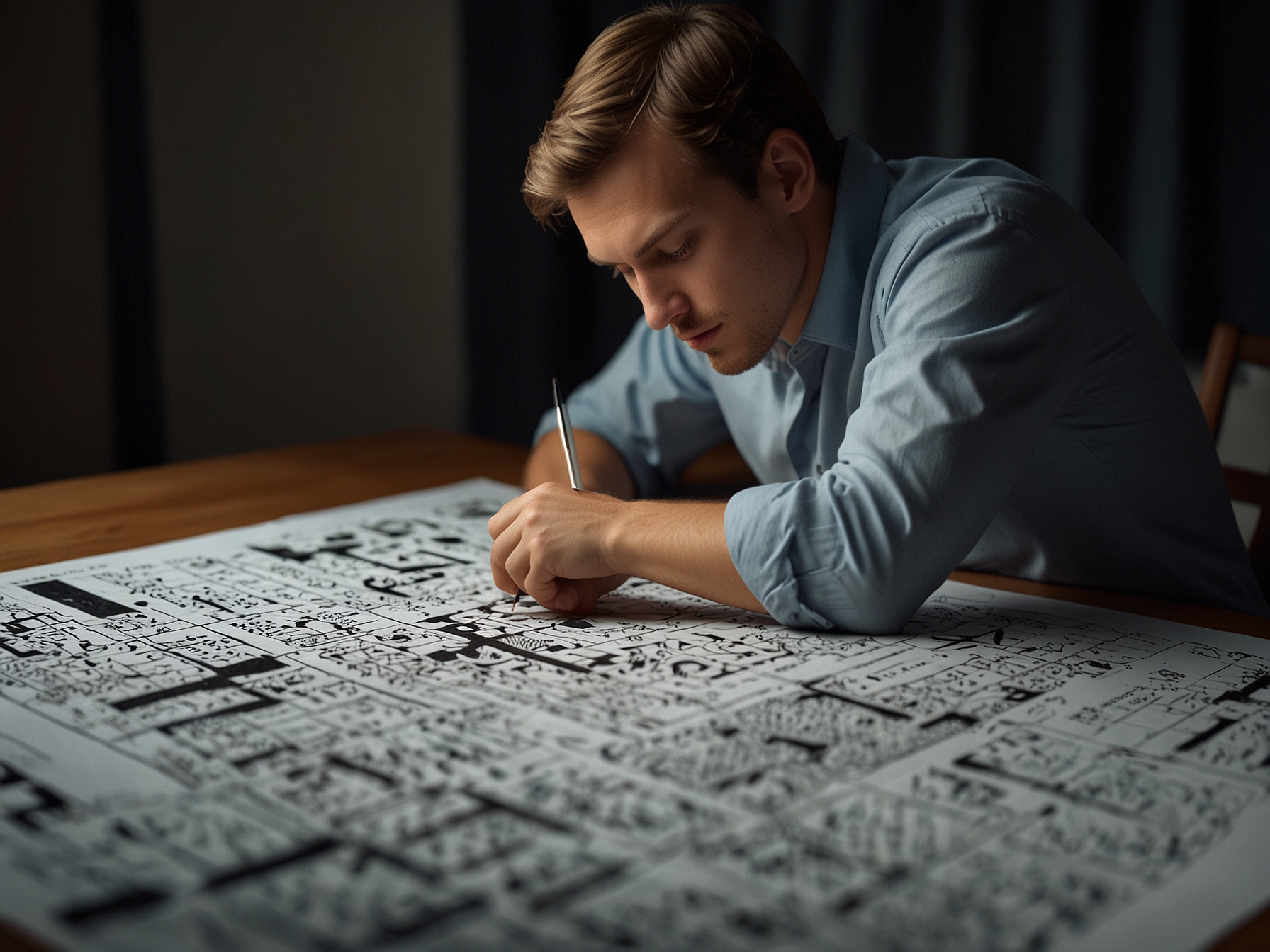 A player is deeply focused on solving the NYT Mini Crossword puzzle with a pen, surrounded by hints and words partially filled in the compact crossword grid.