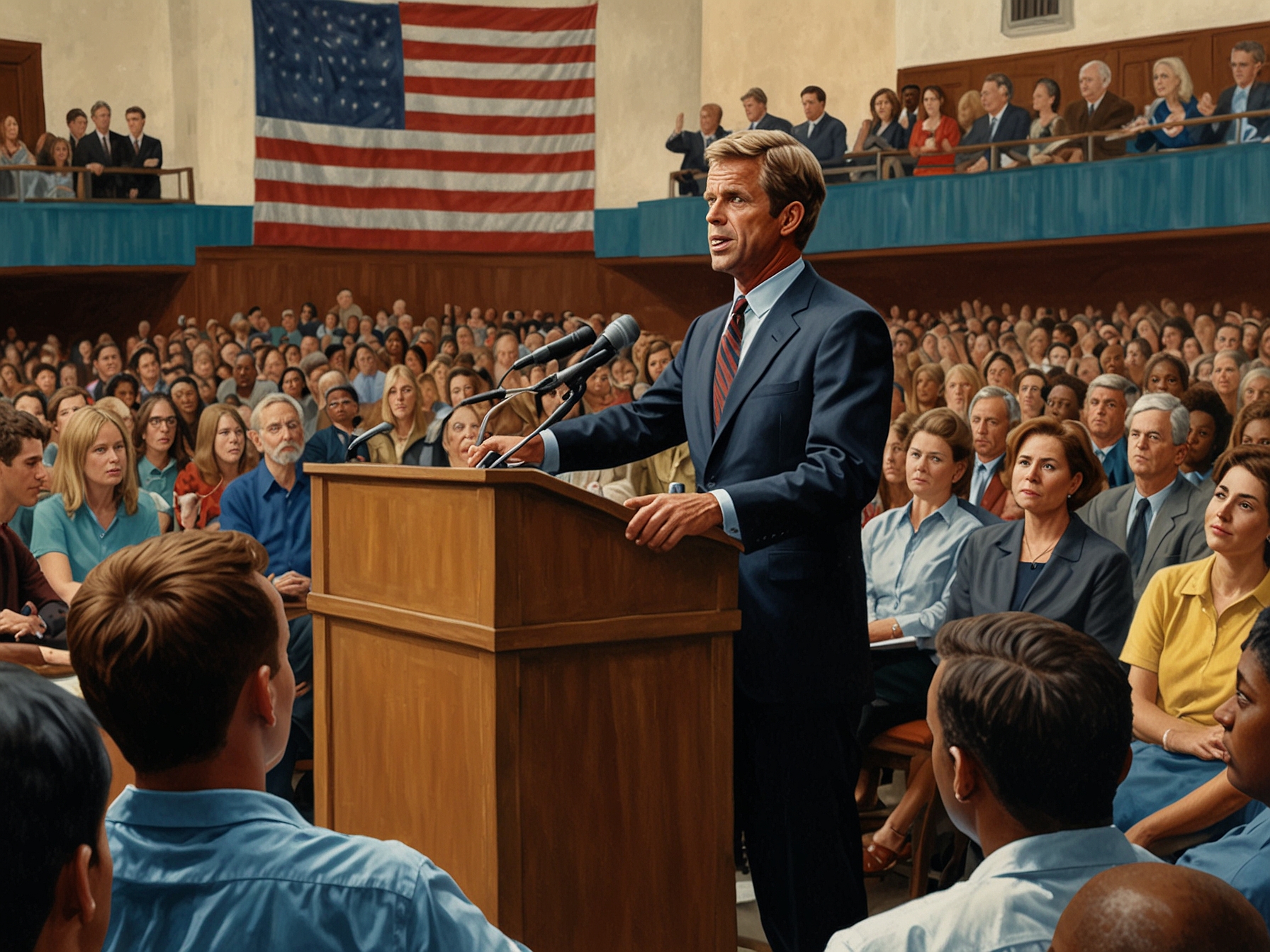 Robert F. Kennedy Jr. addressing a diverse group of voters at a town hall meeting, emphasizing his commitment to giving a voice to disenfranchised communities and promoting unity.