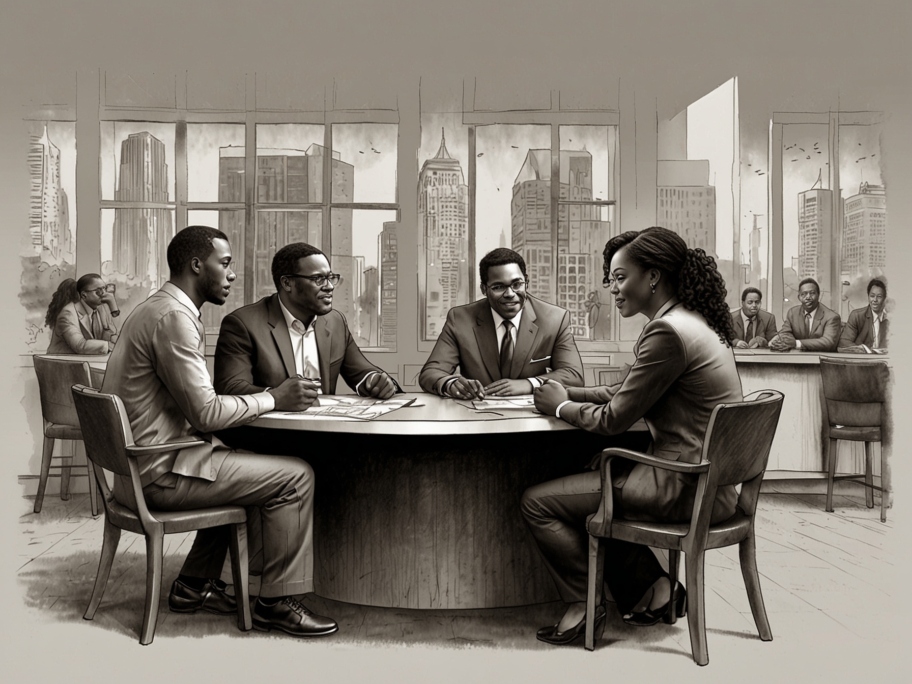 An illustration of diverse Atlanta entrepreneurs discussing social issues, community development, and sustainability as part of their voting considerations.