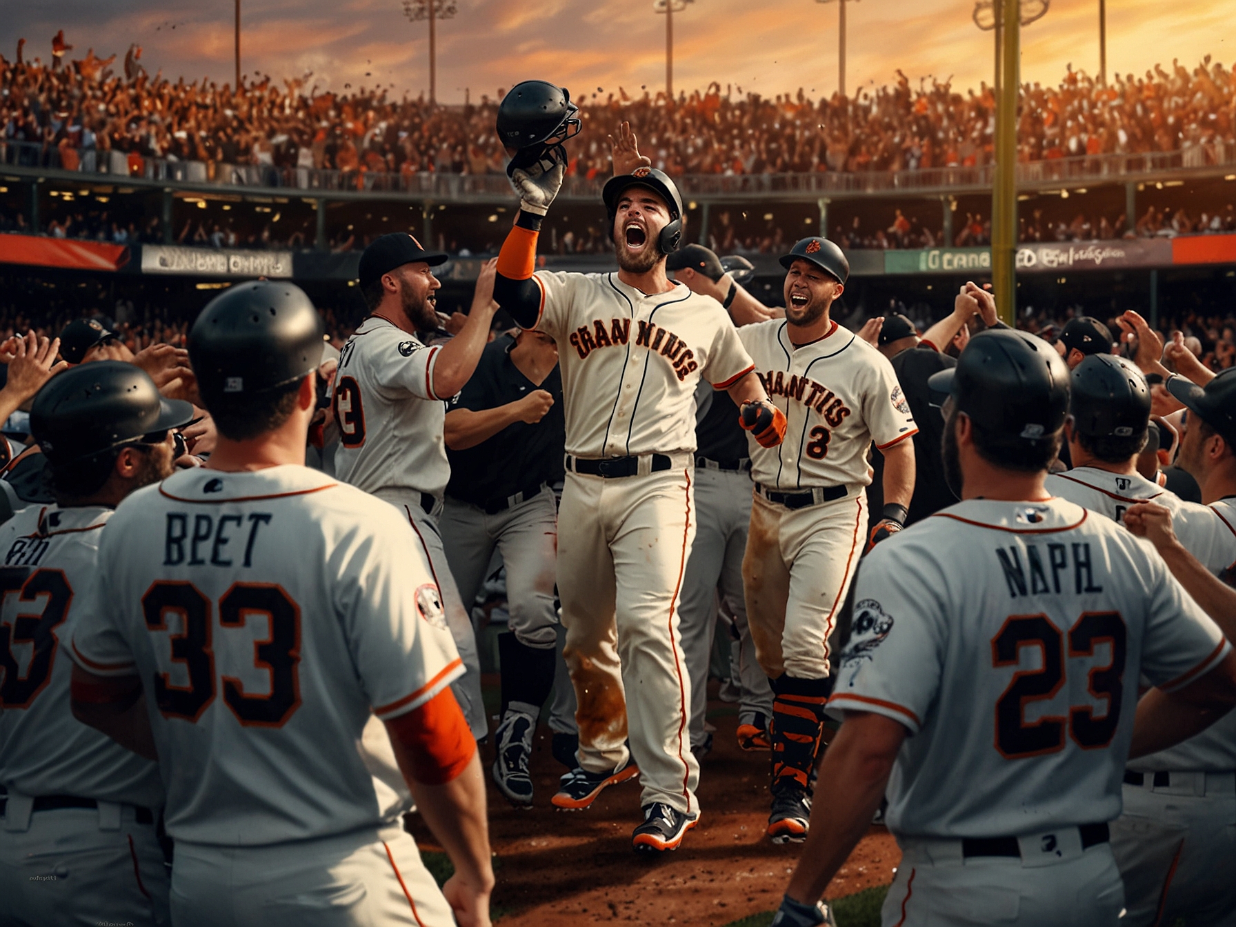 The San Francisco Giants celebrating with Brett Wisely at home plate after his game-winning two-run homer against the Los Angeles Dodgers, as the crowd erupts in joy at Oracle Park.