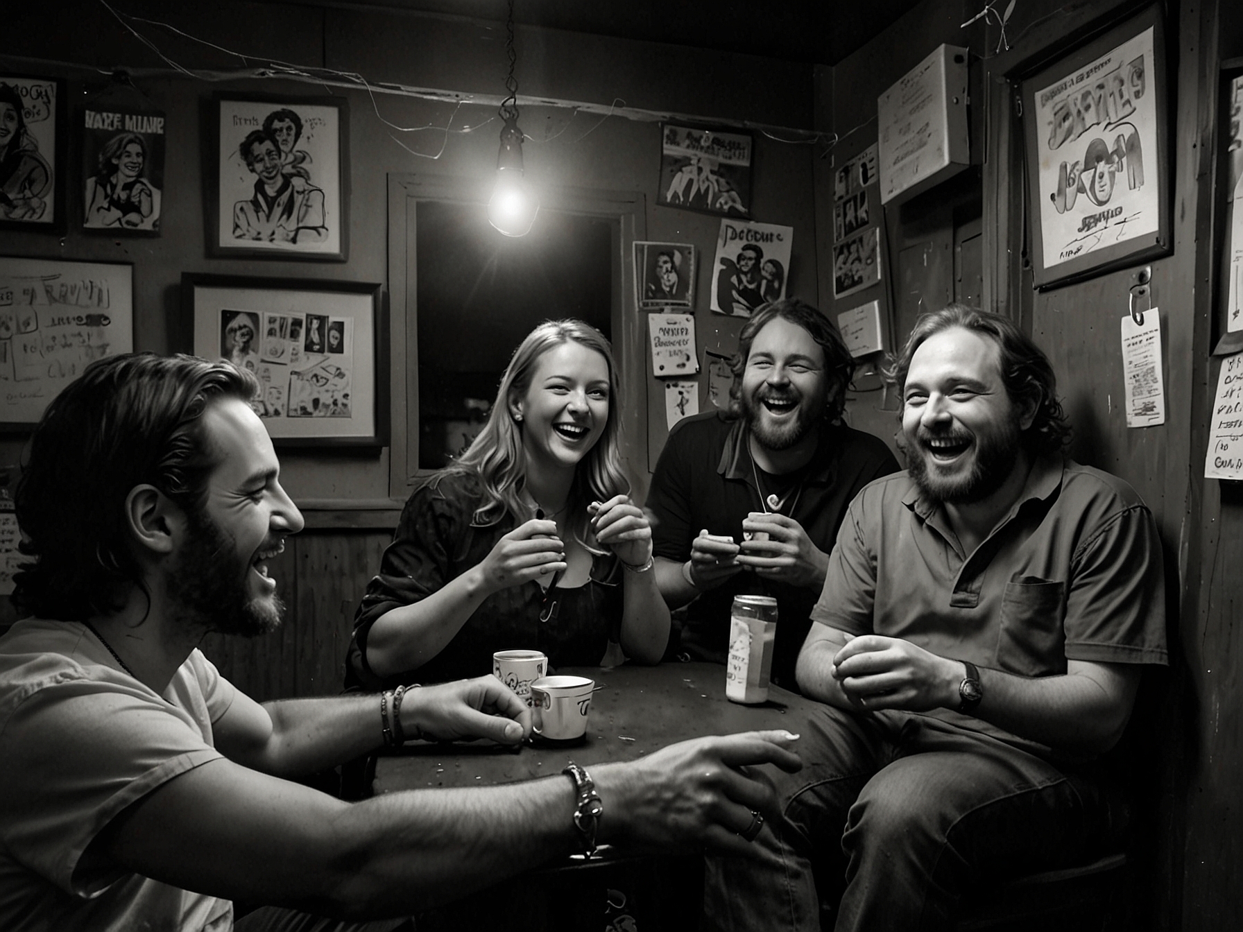 Members of Tripping Daisy in a candid backstage moment at Deep Ellum, laughing and reminiscing, showcasing their enduring friendship and passion for music.