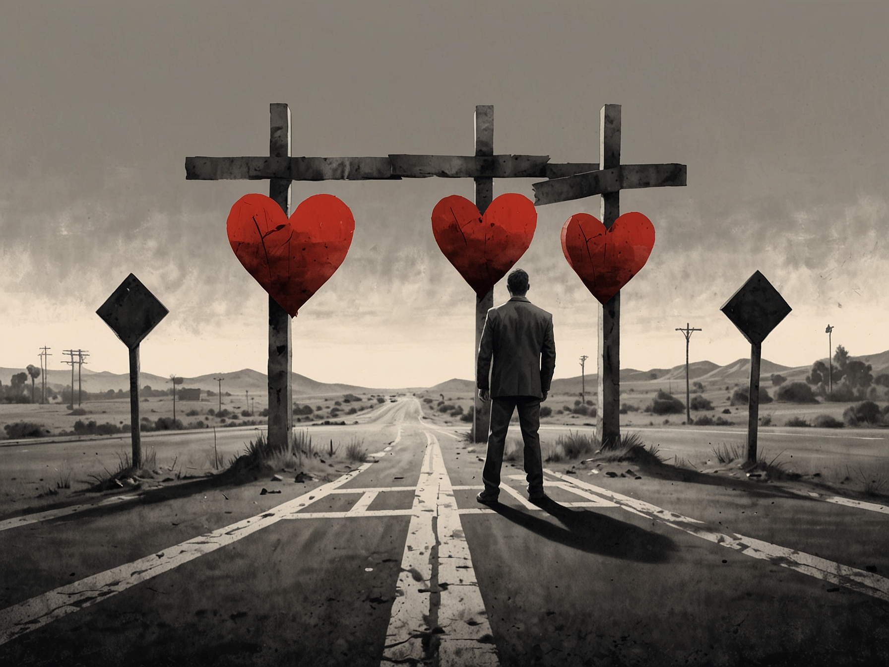 A man standing at a crossroads, holding two fragmented hearts representing his wife and mistress, symbolizing his emotional and life-altering decision.