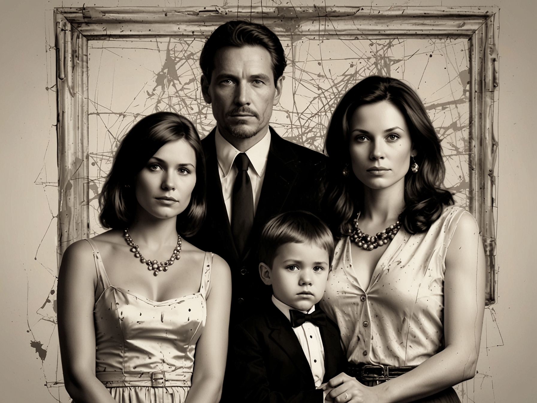 A family portrait with a cracked frame, highlighting the tension and potential disruption caused by the man's affair and the pressure from his mistress.