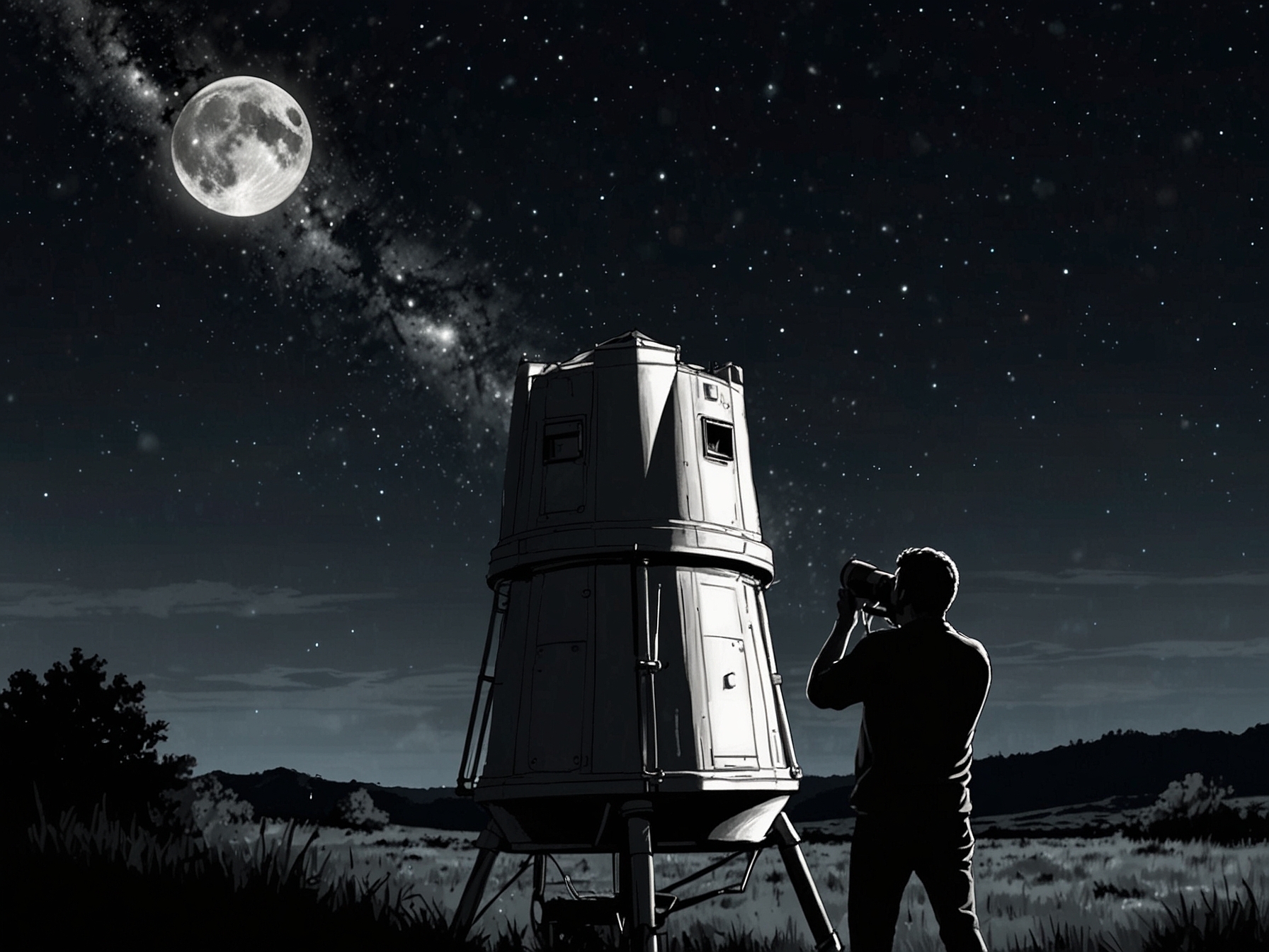 A clear night sky with an amateur astronomer using a telescope to observe the asteroid 2024 MK as it makes its close approach to Earth, providing an excellent opportunity for sky watching.