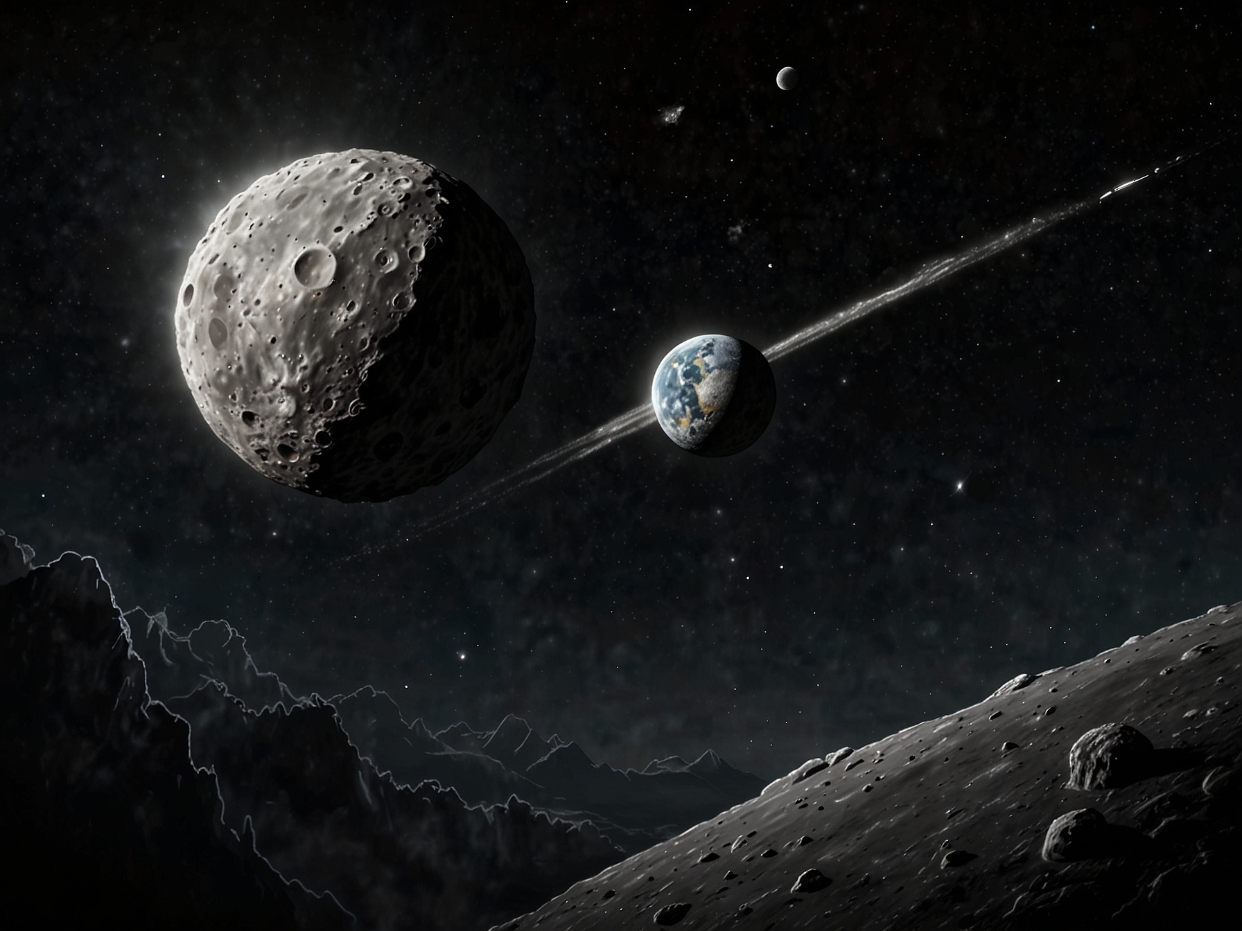 An illustration of the asteroid 2024 MK, showing its path relative to Earth and the moon, emphasizing the safe distance at which it will pass by and the excitement surrounding this rare event.